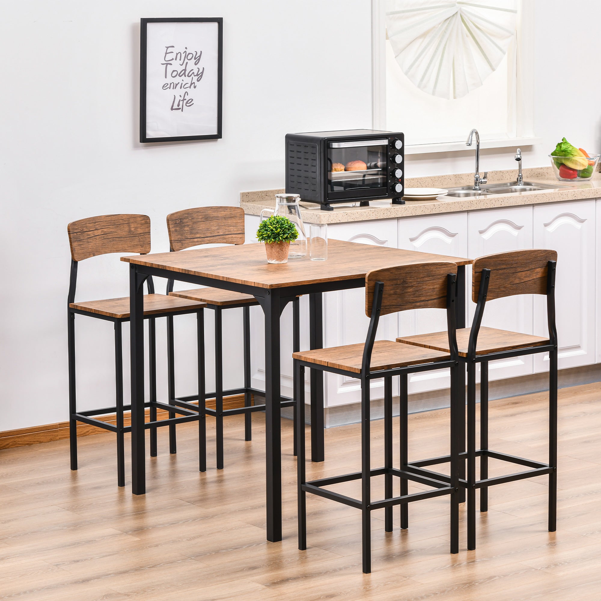 Counter Height Bar Table Set for 4, Square Kitchen Table & Chairs Set w/ Footrest, Walnut