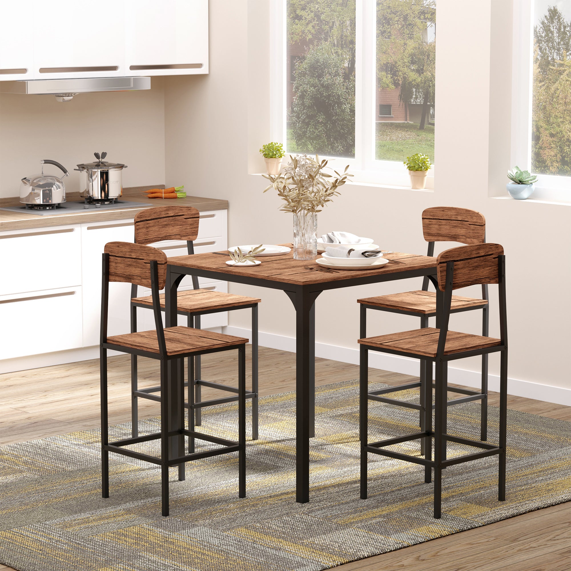Counter Height Bar Table Set for 4, Square Kitchen Table & Chairs Set w/ Footrest, Walnut