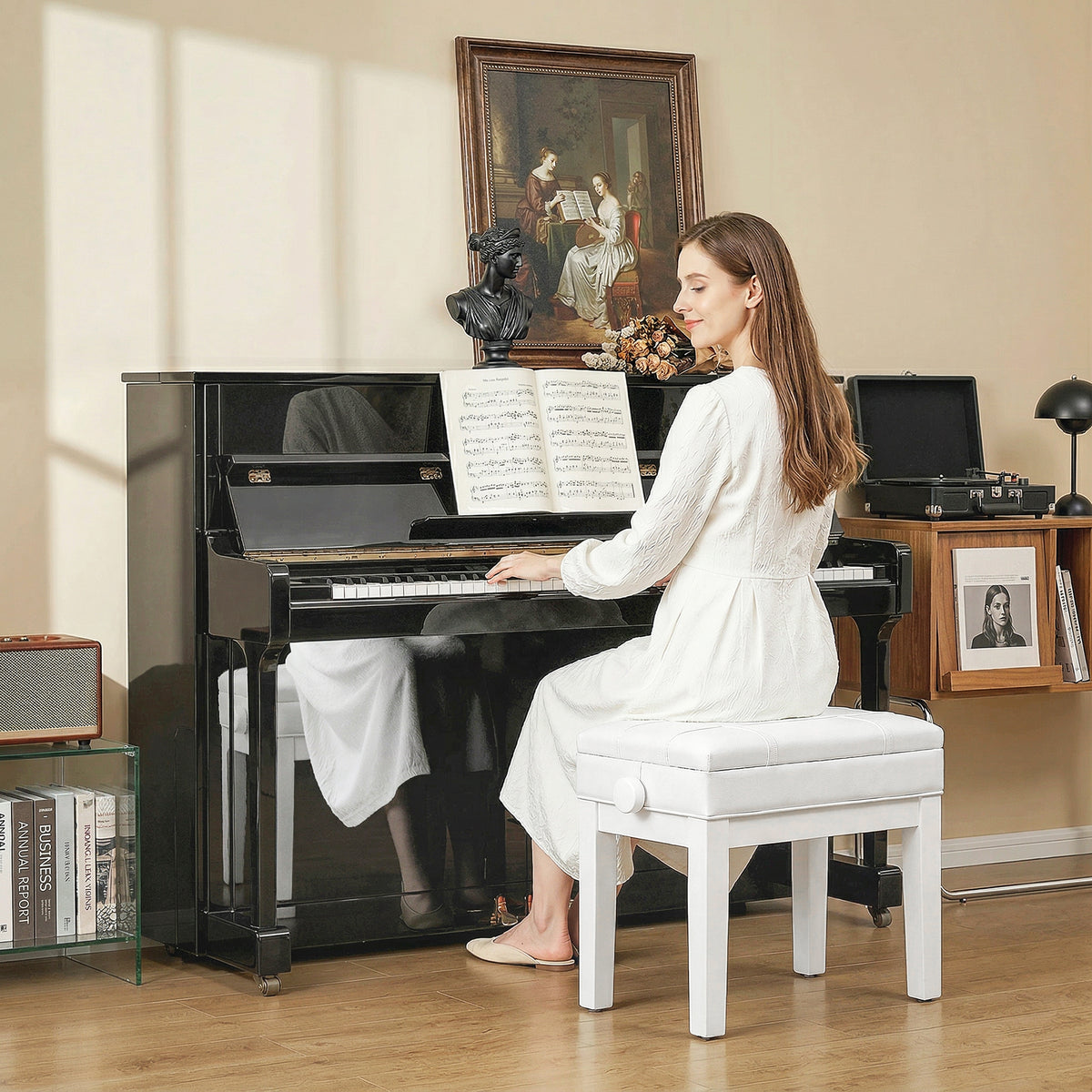 24.8" Adjustable Piano Bench with Padded Cushion and Storage, Faux Leather Keyboard Bench with Solid Wood Legs, White