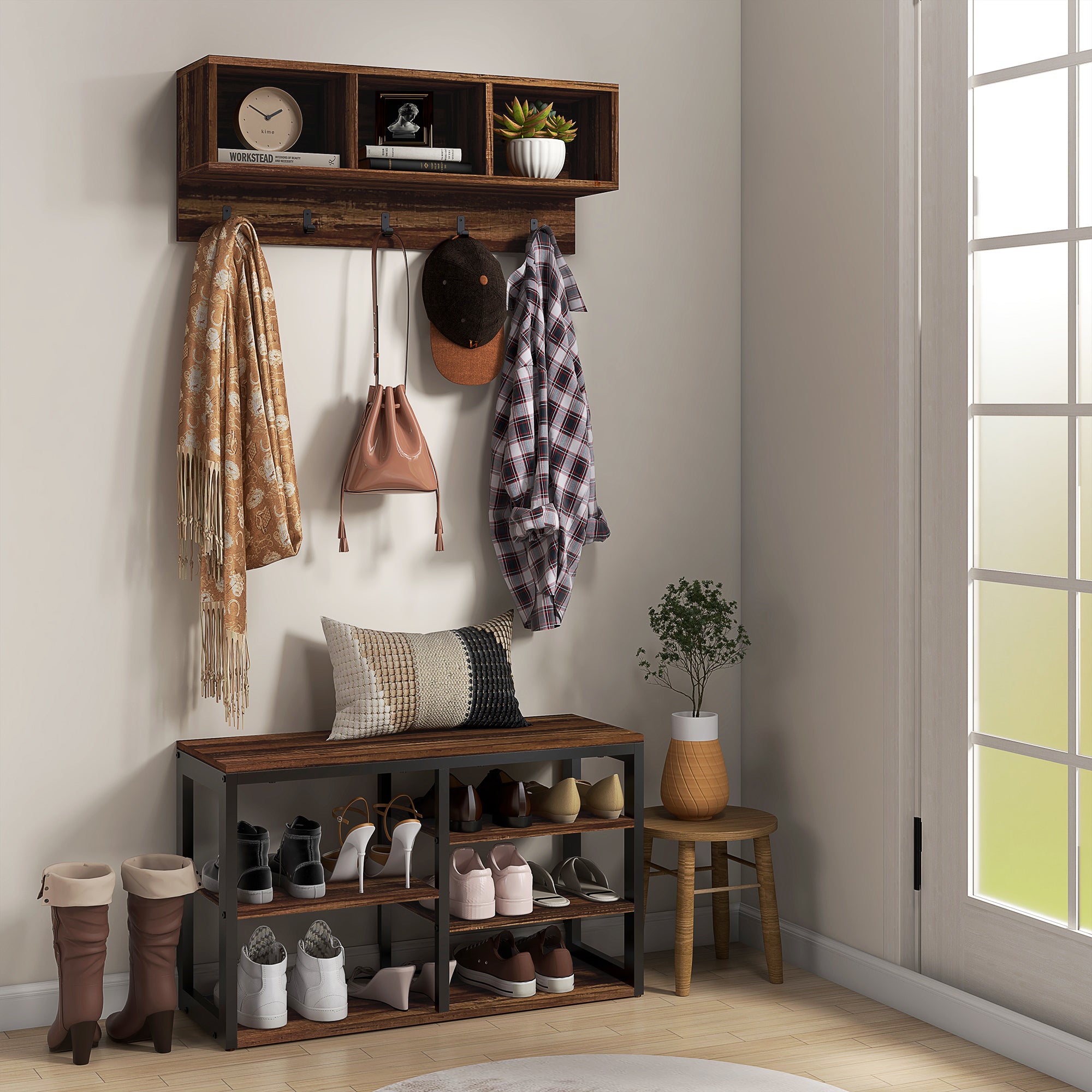 2-in-1 Entryway Storage Set with Shoe Bench and Coat Rack, Hall Tree with Storage Bench