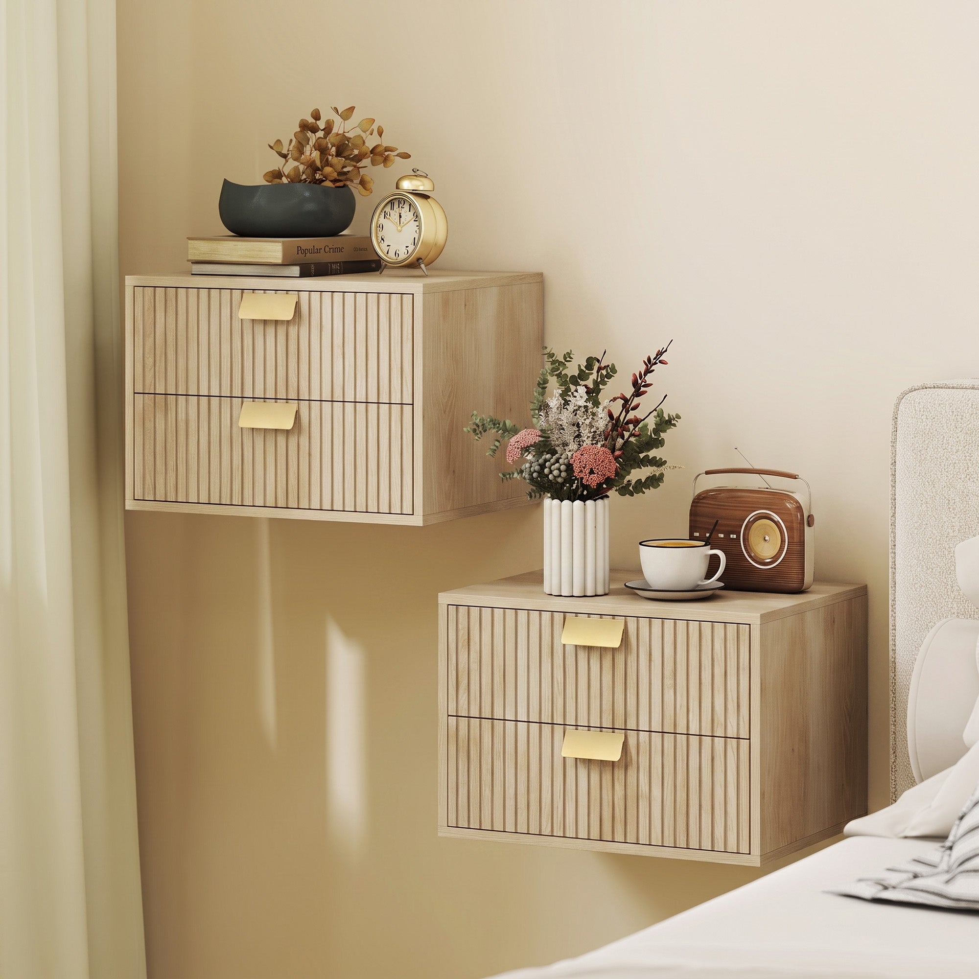 Modern Floating Nightstands Set of 2, Wall Mounted Bedside Tables with 2 Wave Drawers, Bedside Cabinets for Bedroom Living Room, Oak