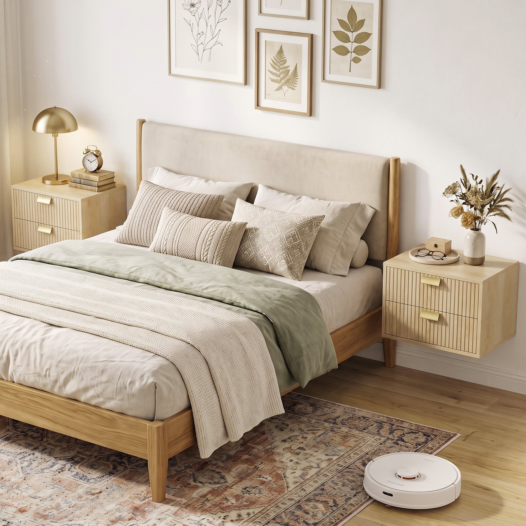Modern Floating Nightstands Set of 2, Wall Mounted Bedside Tables with 2 Wave Drawers, Bedside Cabinets for Bedroom Living Room, Oak