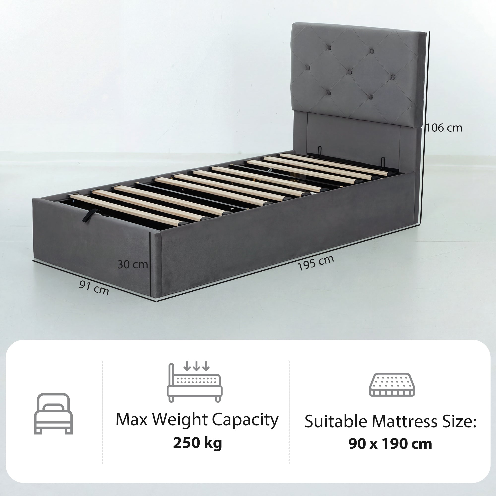 3FT Single Bed Frame for 90 x 190 cm Mattress, Upholstered Platform Bed Frame with Tufted Headboard, Gas Lift Up Storage, Mattress Foundation, Dark Grey
