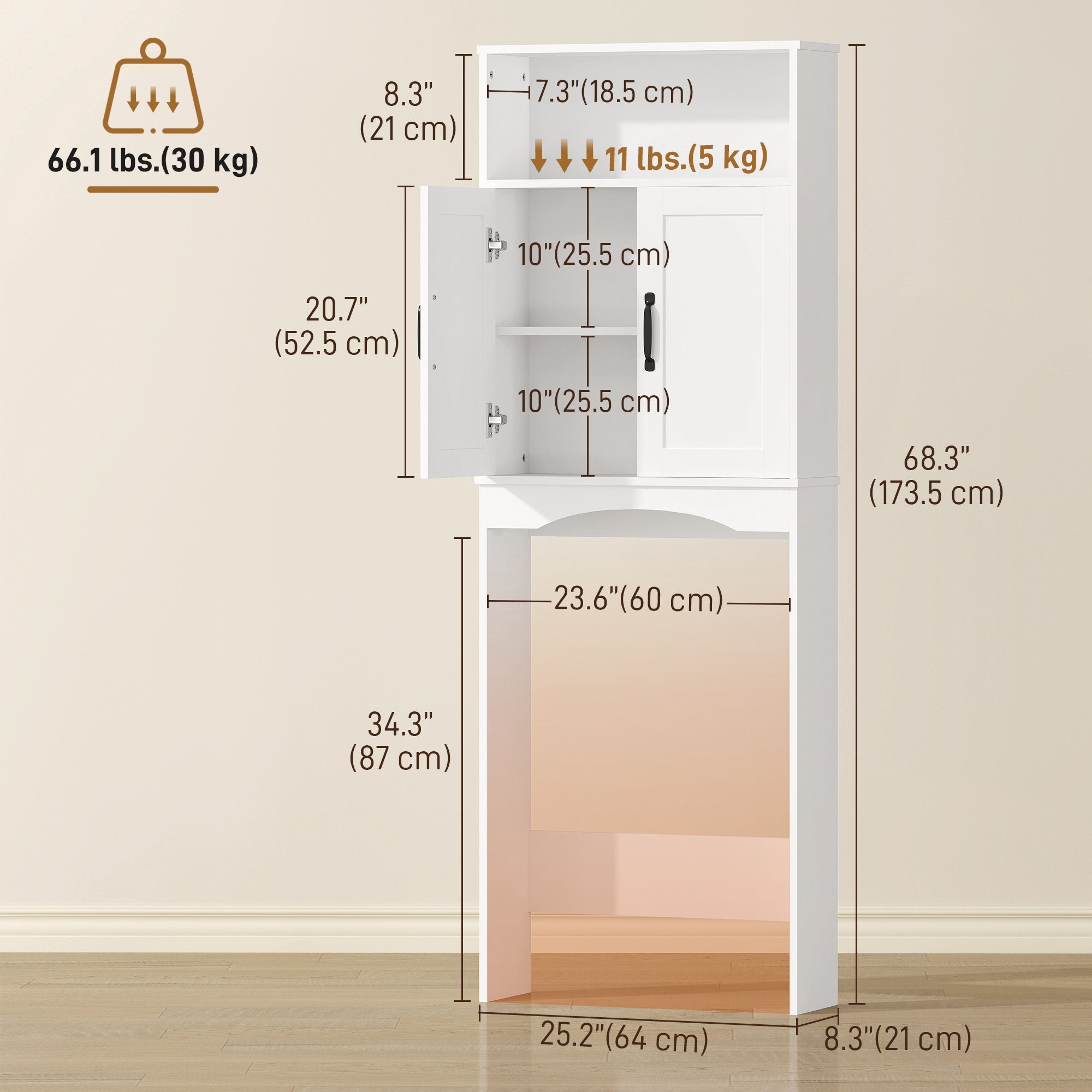Over the Toilet Storage Cabinet, Over Toilet Bathroom Organizer with 2 Doors and Open Shelf, Freestanding Above Restroom Space Saver for Bathroom, Laundry, Restroom, White