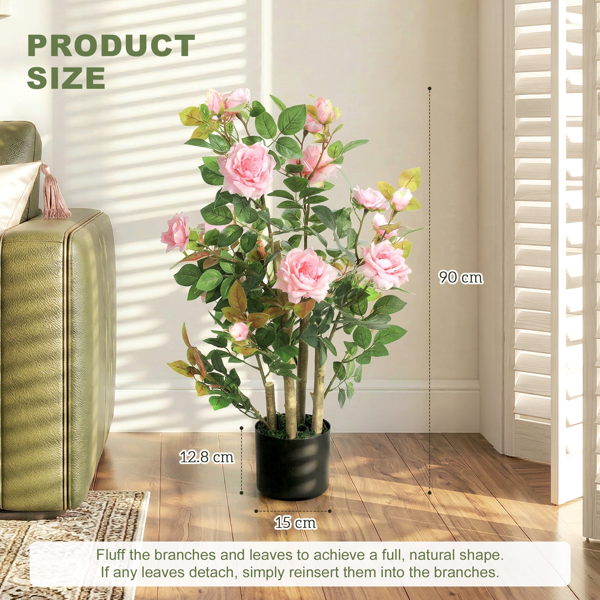 90cm Artificial Rose Tree Set of 2, Decorative Fake Plant with 344 Silk Leaves and 17 Flowers, UV-Resistant Faux Tree for Outdoor Indoor Garden Porch Decor, Pink