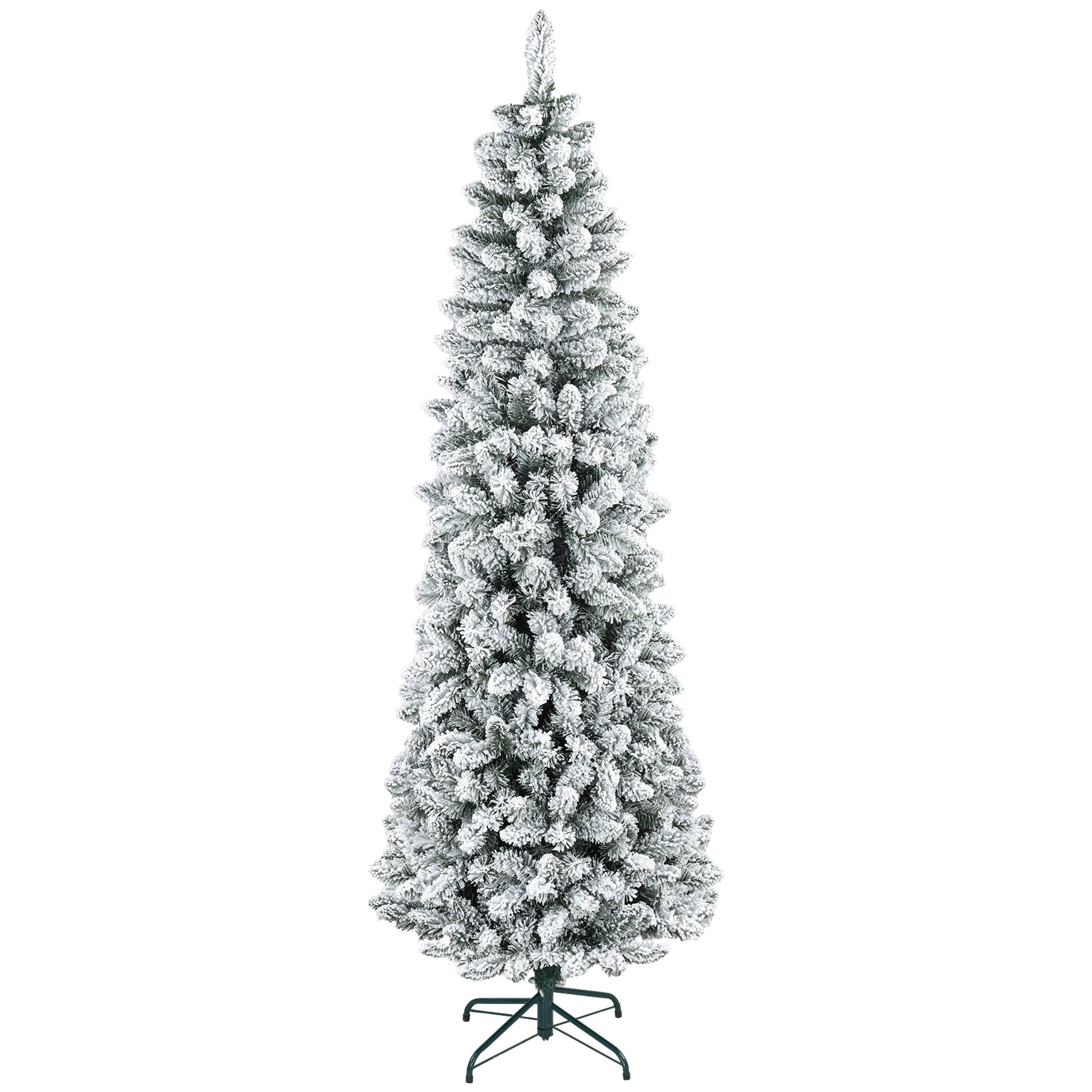 HOMCOM 7ft Tall Pencil Christmas Tree, Artificial Flocked Christmas Tree with 687 Branch Tips and Steel Base, Holiday DΓ©cor for Home Office, Green