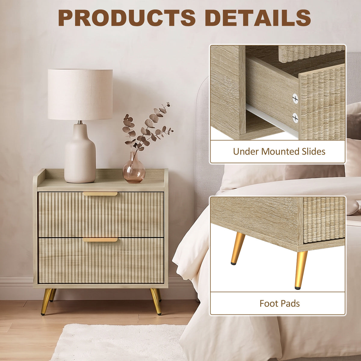 Bedside Table, Bedside Cabinet with 2 Drawers, Side End Table with Metal Legs for Bedroom Living Room, Natural Wood Finish