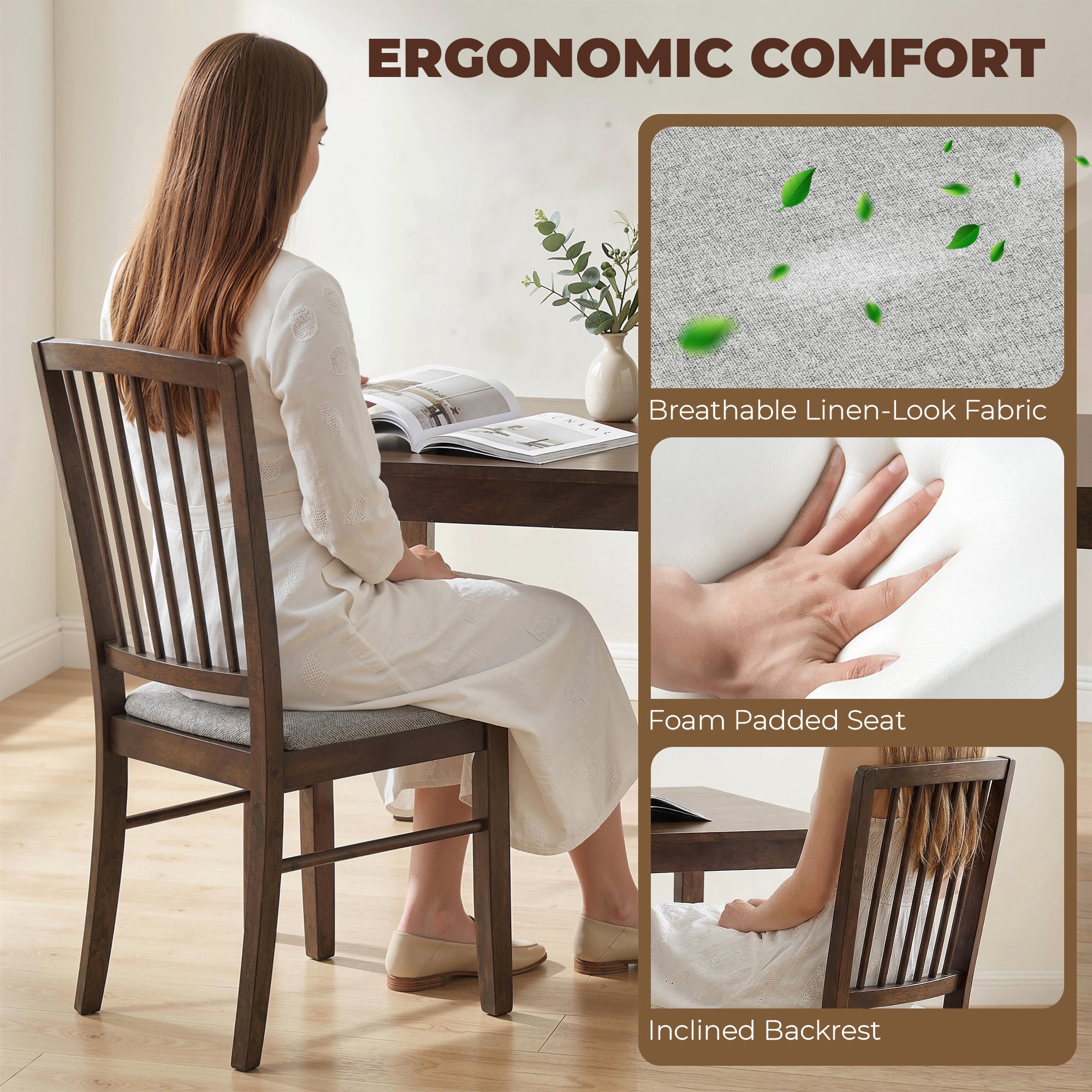 Farmhouse Dining Chairs Set of 2, Upholstered Linen Fabric Kitchen Chairs with Solid Rubberwood Legs for Kitchen, Dining Room, Burn Brown