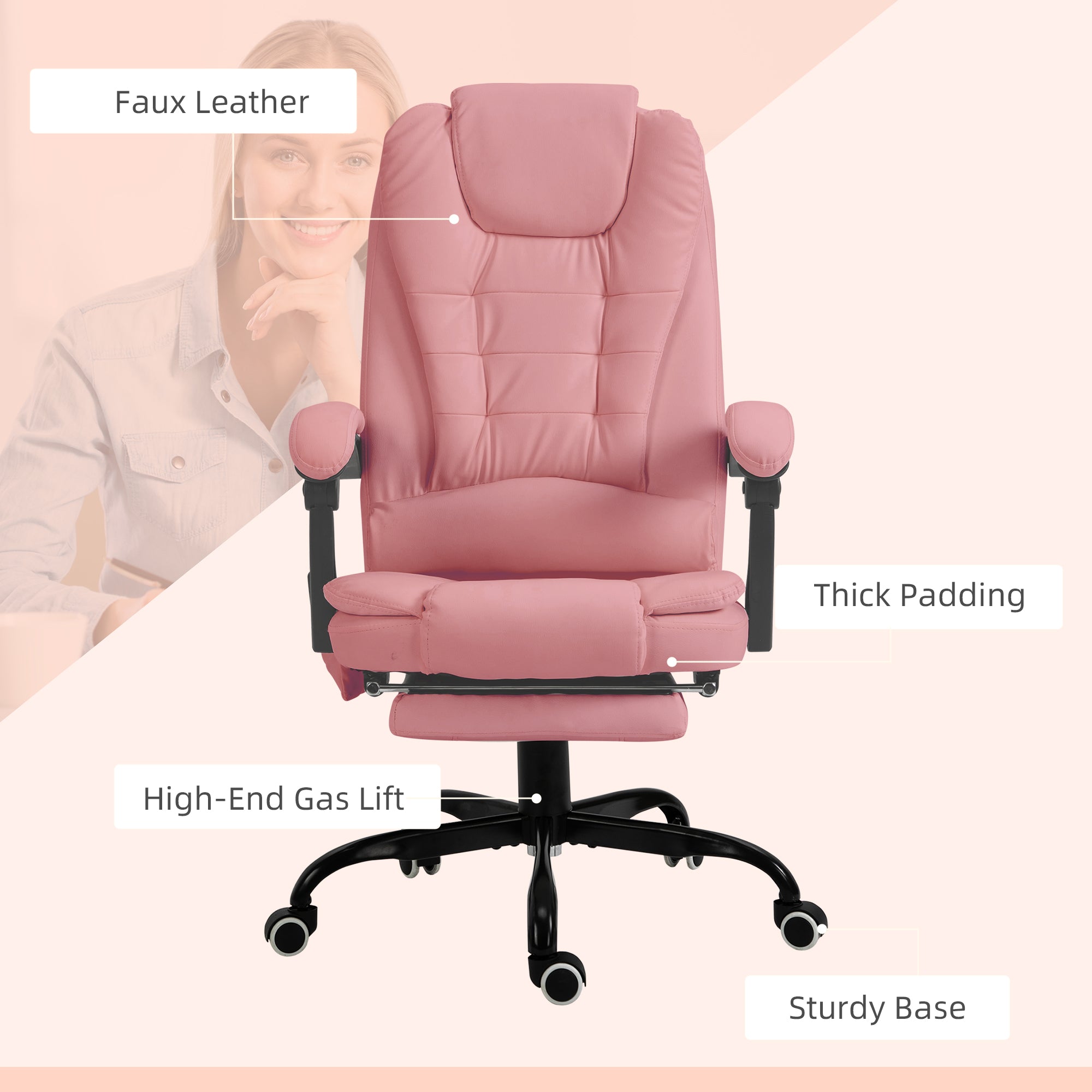 7-Point Massage Office Chair w/ Lumbar Support, Footrest & Adjustable Height, Pink