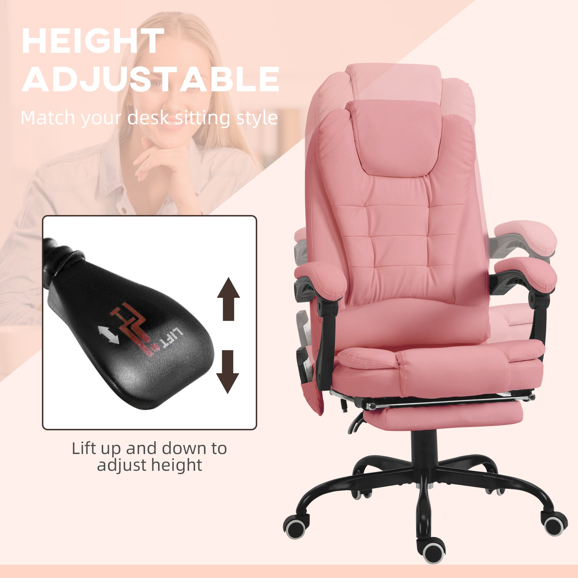 7-Point Massage Office Chair w/ Lumbar Support, Footrest & Adjustable Height, Pink