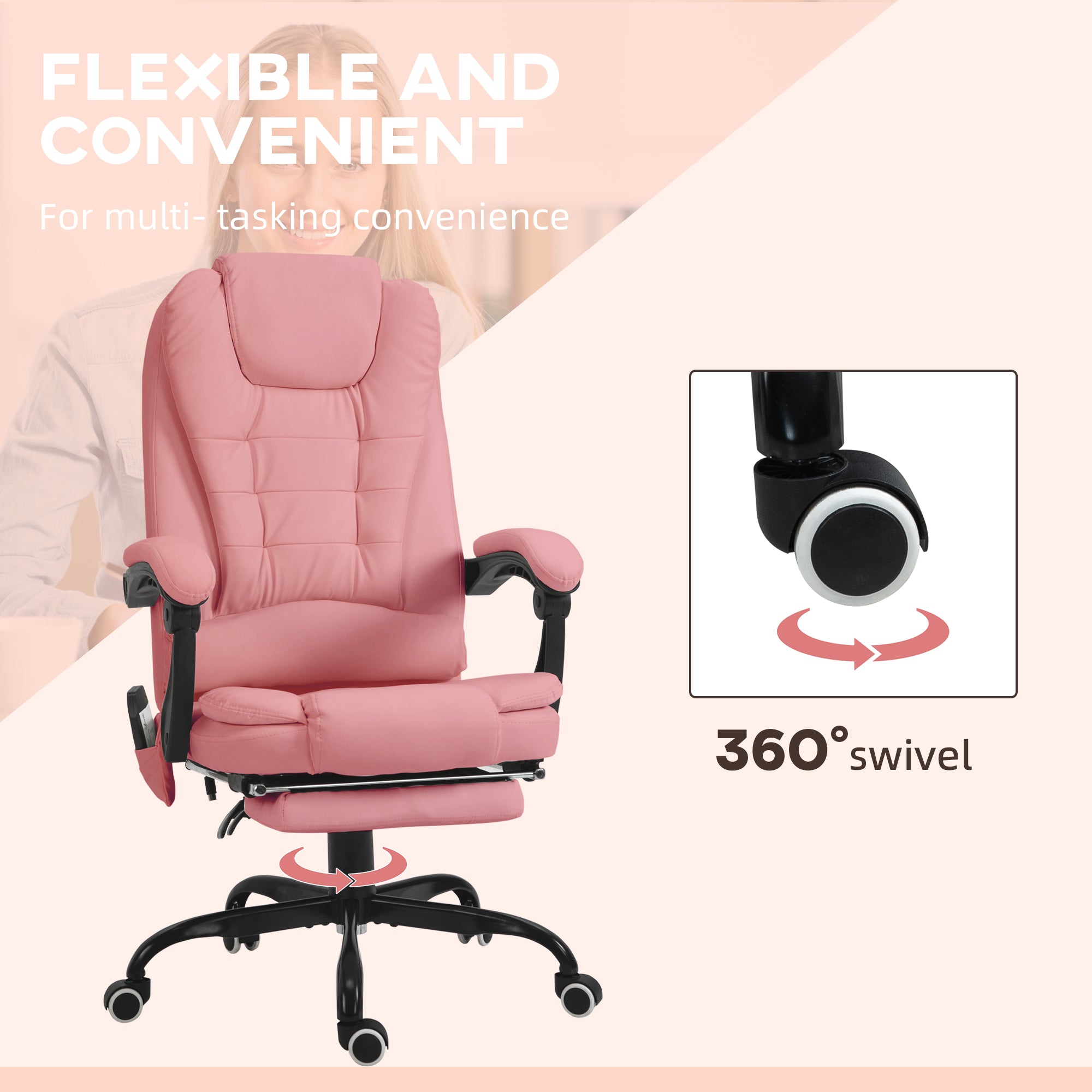 7-Point Massage Office Chair w/ Lumbar Support, Footrest & Adjustable Height, Pink
