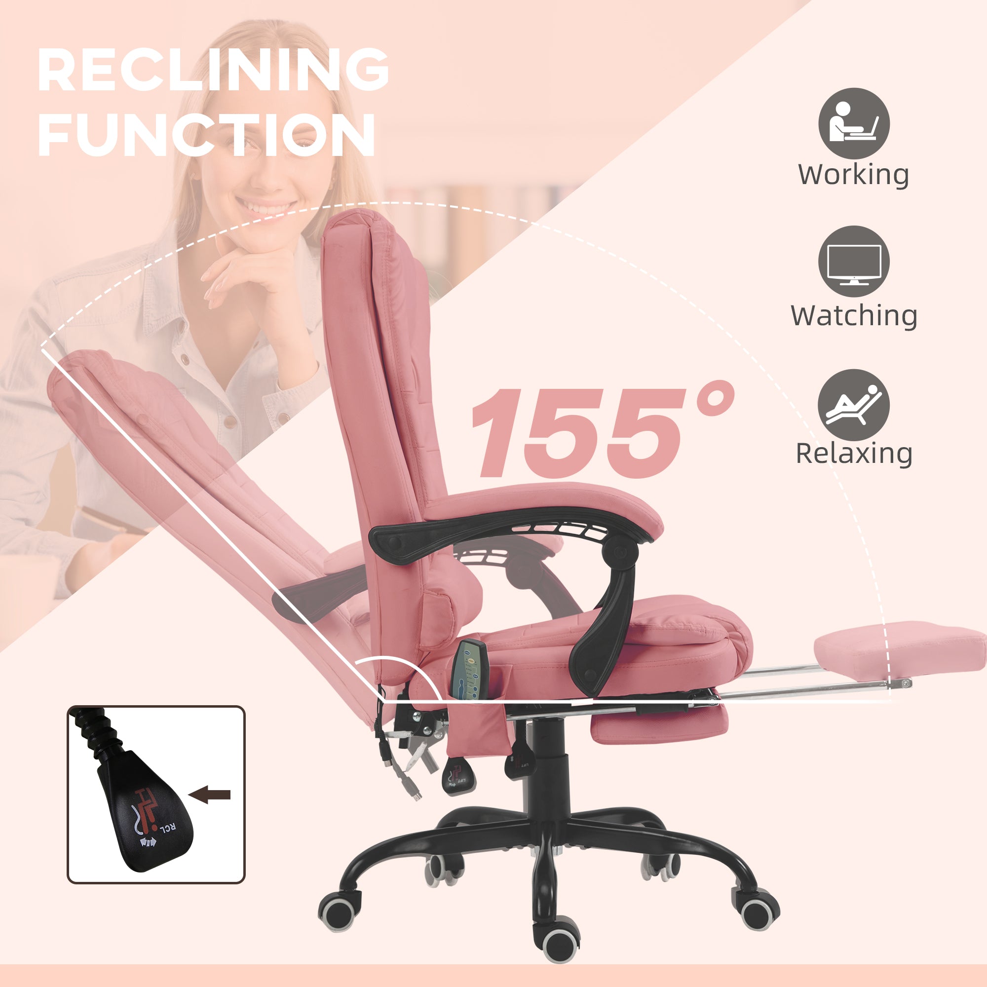 7-Point Massage Office Chair w/ Lumbar Support, Footrest & Adjustable Height, Pink