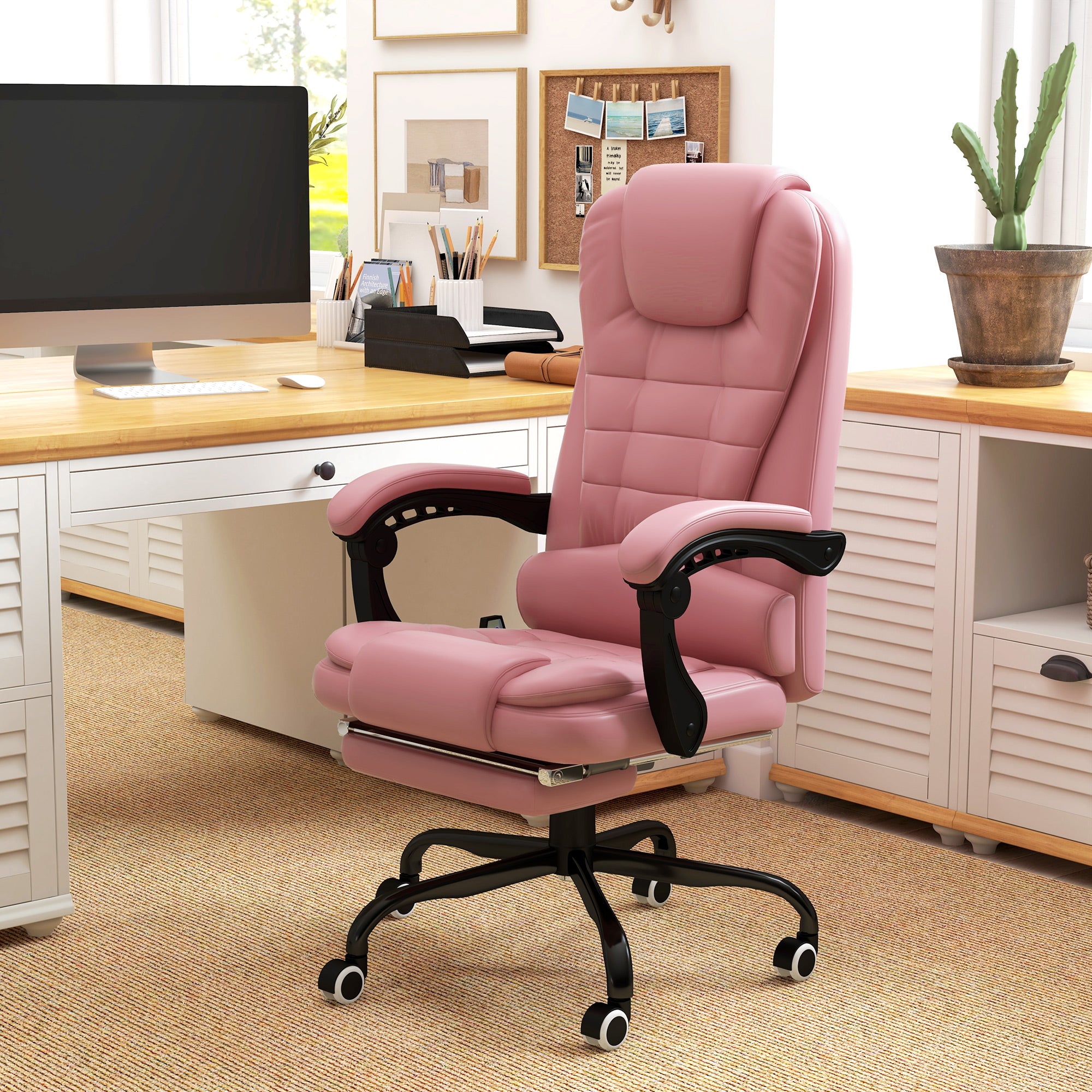 7-Point Massage Office Chair w/ Lumbar Support, Footrest & Adjustable Height, Pink
