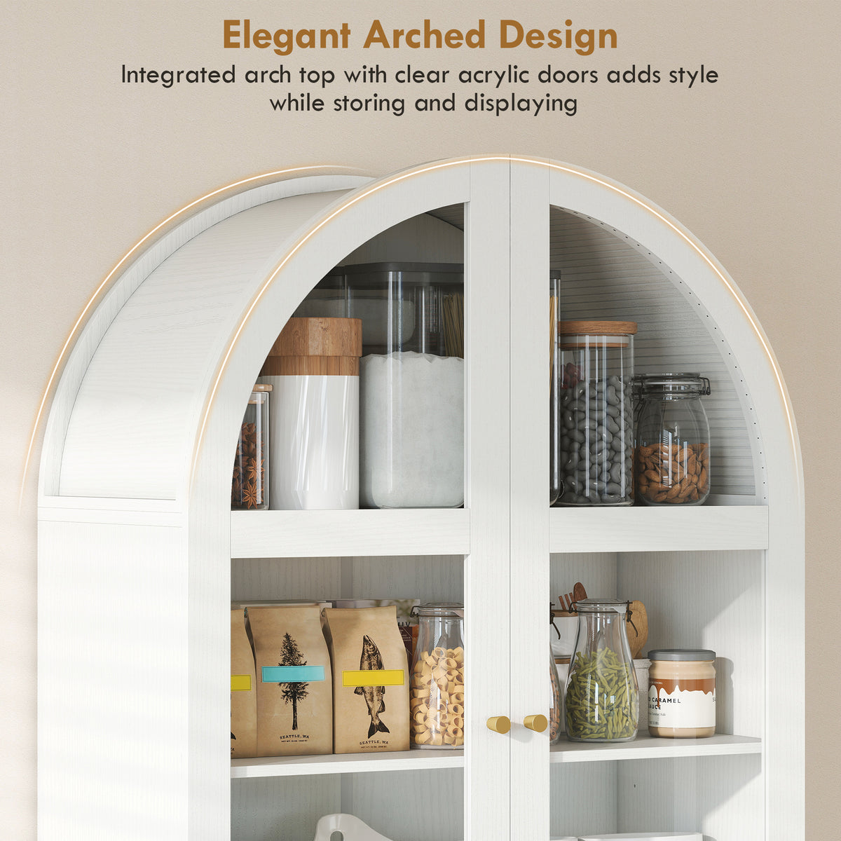 71" Tall Arched Kitchen Pantry Cabinet, Farmhouse Freestanding Kitchen Storage Cabinet with Adjustable Shelves, Acrylic Glass Doors for Living Room, Dining Room, White