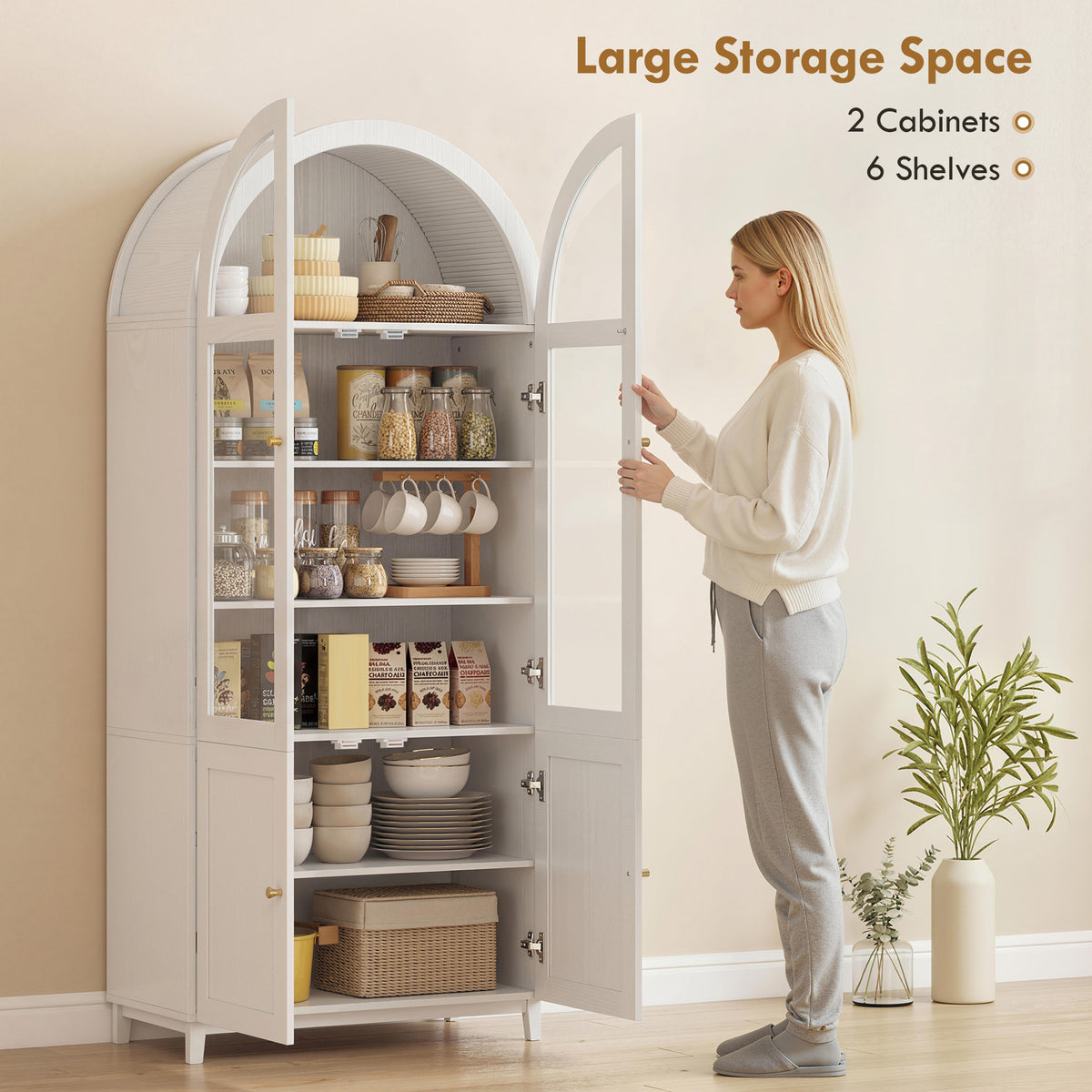 71" Tall Arched Kitchen Pantry Cabinet, Farmhouse Freestanding Kitchen Storage Cabinet with Adjustable Shelves, Acrylic Glass Doors for Living Room, Dining Room, White