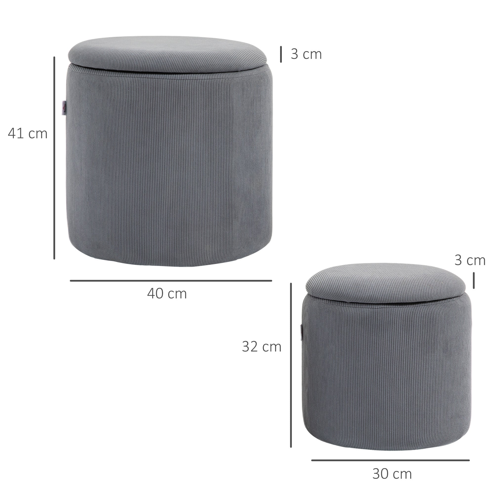 HOMCOM Modern Storage Ottoman with Removable Lid, Fabric Storage Stool, Foot Stool, Dressing Table Stool, Set of 2, Light Grey