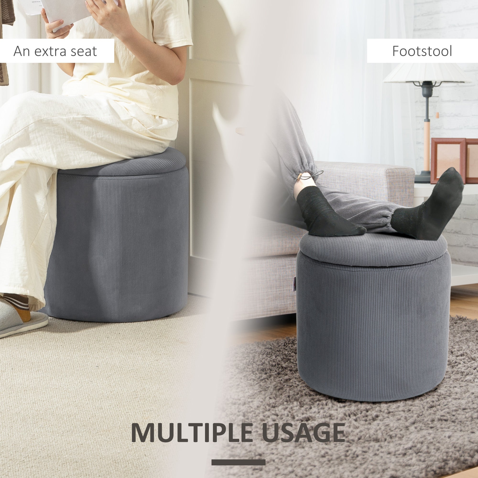 HOMCOM Modern Storage Ottoman with Removable Lid, Fabric Storage Stool, Foot Stool, Dressing Table Stool, Set of 2, Light Grey