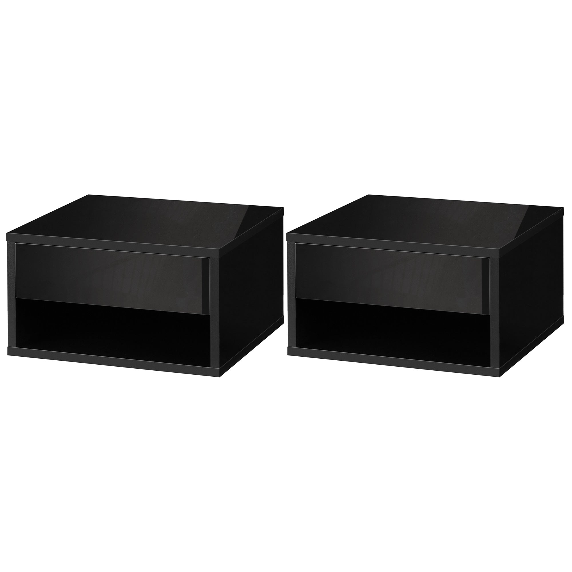 HOMCOM Floating Bedside Table Set of 2 Wall Mounted Nightstand with Storage Drawer and Open Shelf for Bedroom, High Gloss Black