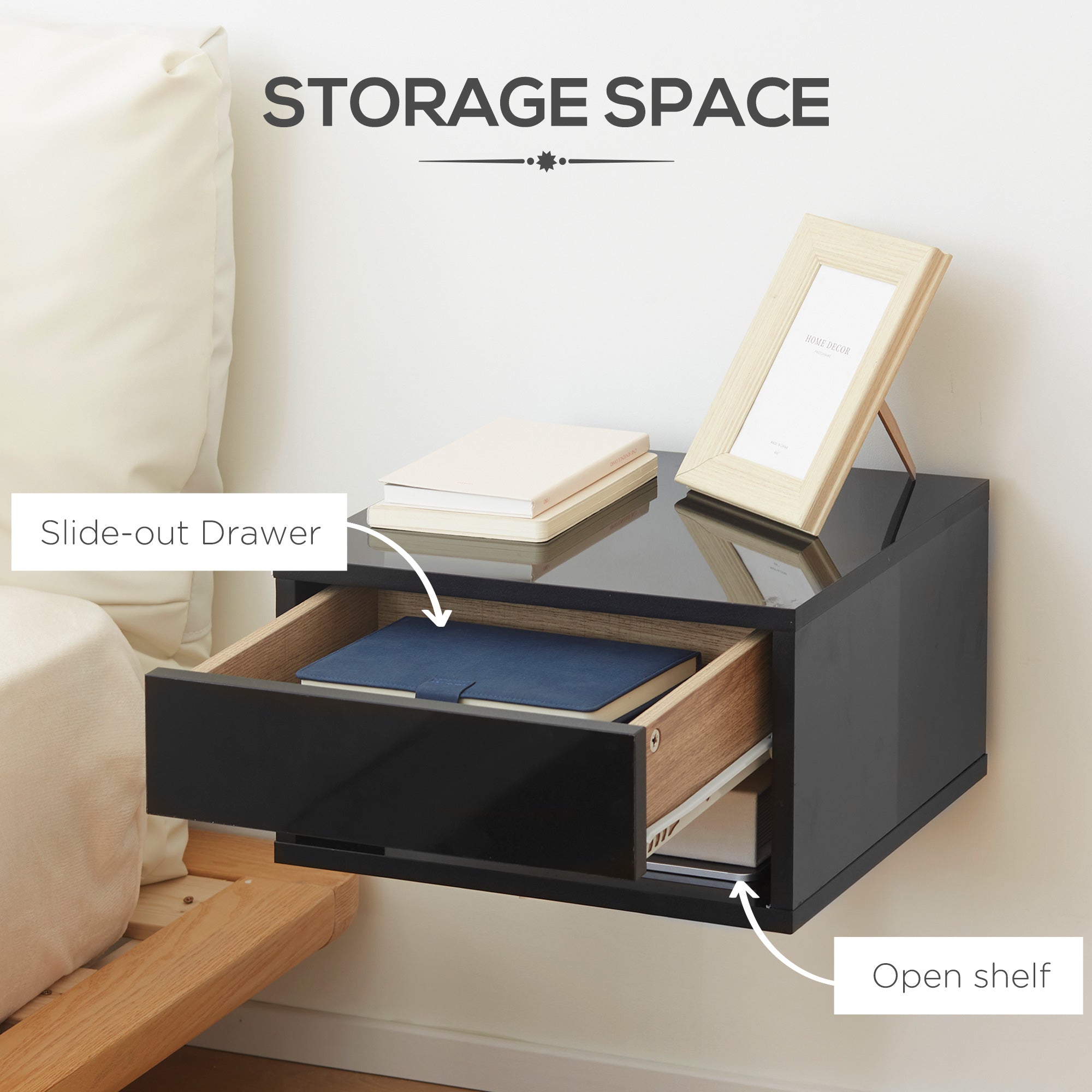 HOMCOM Floating Bedside Table Set of 2 Wall Mounted Nightstand with Storage Drawer and Open Shelf for Bedroom, High Gloss Black