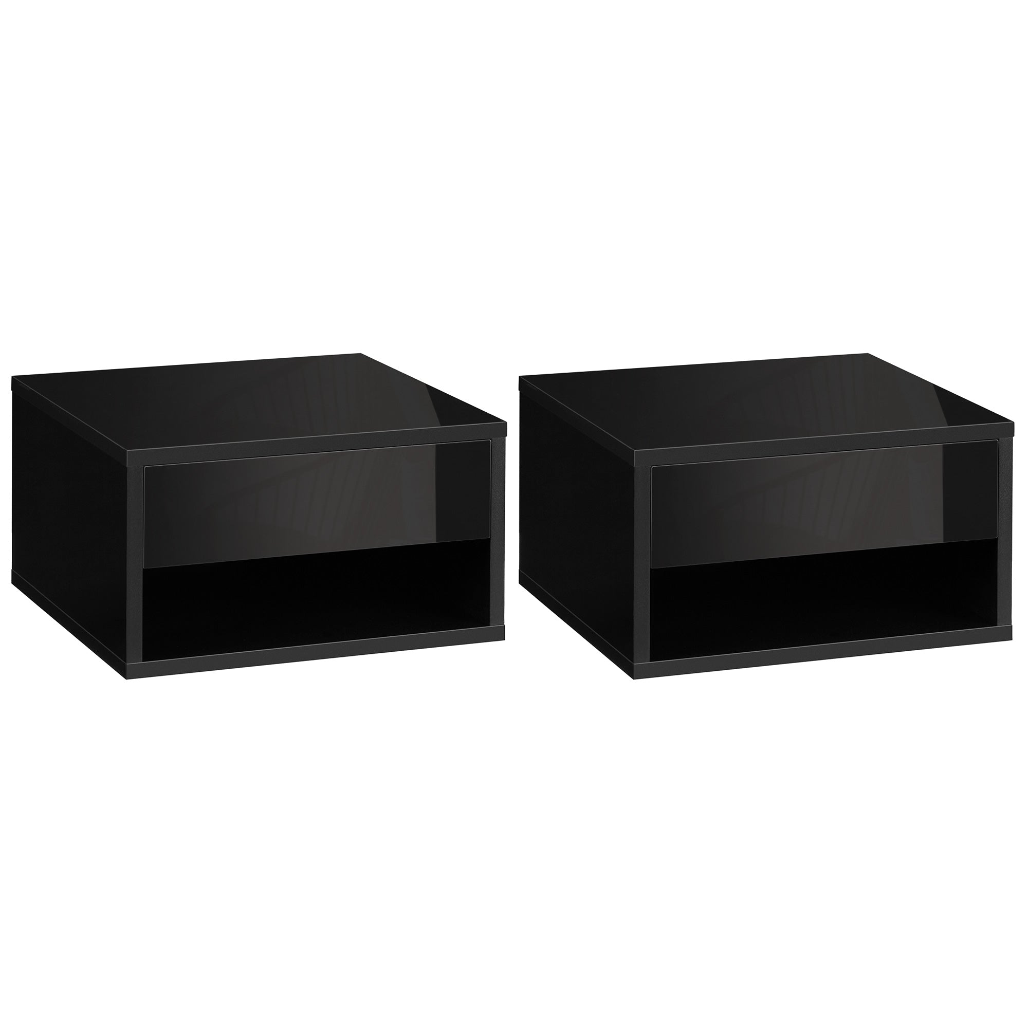 HOMCOM Floating Bedside Table Set of 2 Wall Mounted Nightstand with Storage Drawer and Open Shelf for Bedroom, High Gloss Black