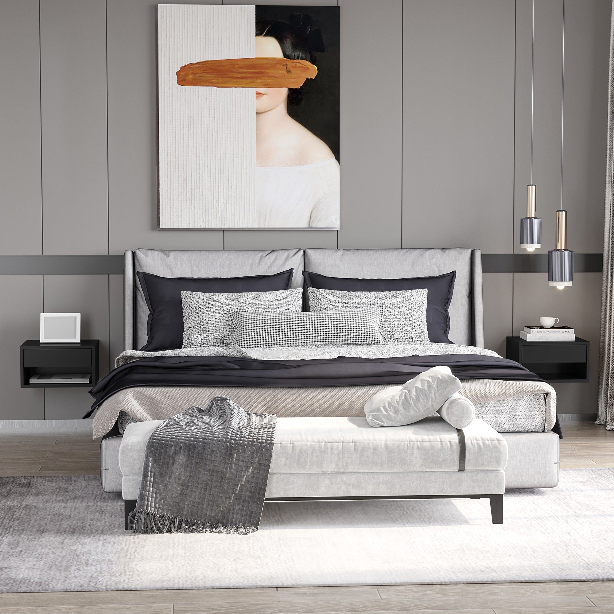 HOMCOM Floating Bedside Table Set of 2 Wall Mounted Nightstand with Storage Drawer and Open Shelf for Bedroom, High Gloss Black