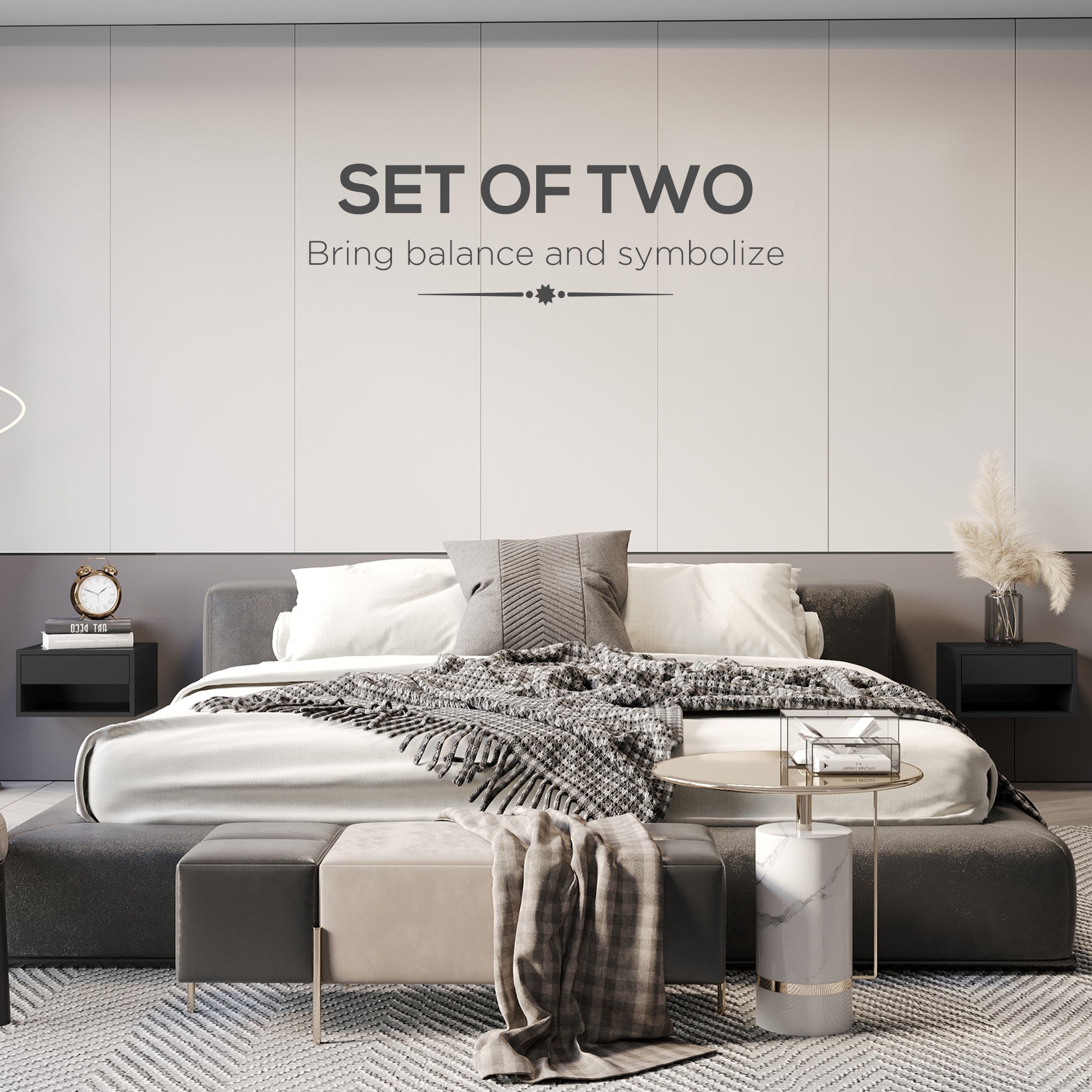 HOMCOM Floating Bedside Table Set of 2 Wall Mounted Nightstand with Storage Drawer and Open Shelf for Bedroom, High Gloss Black