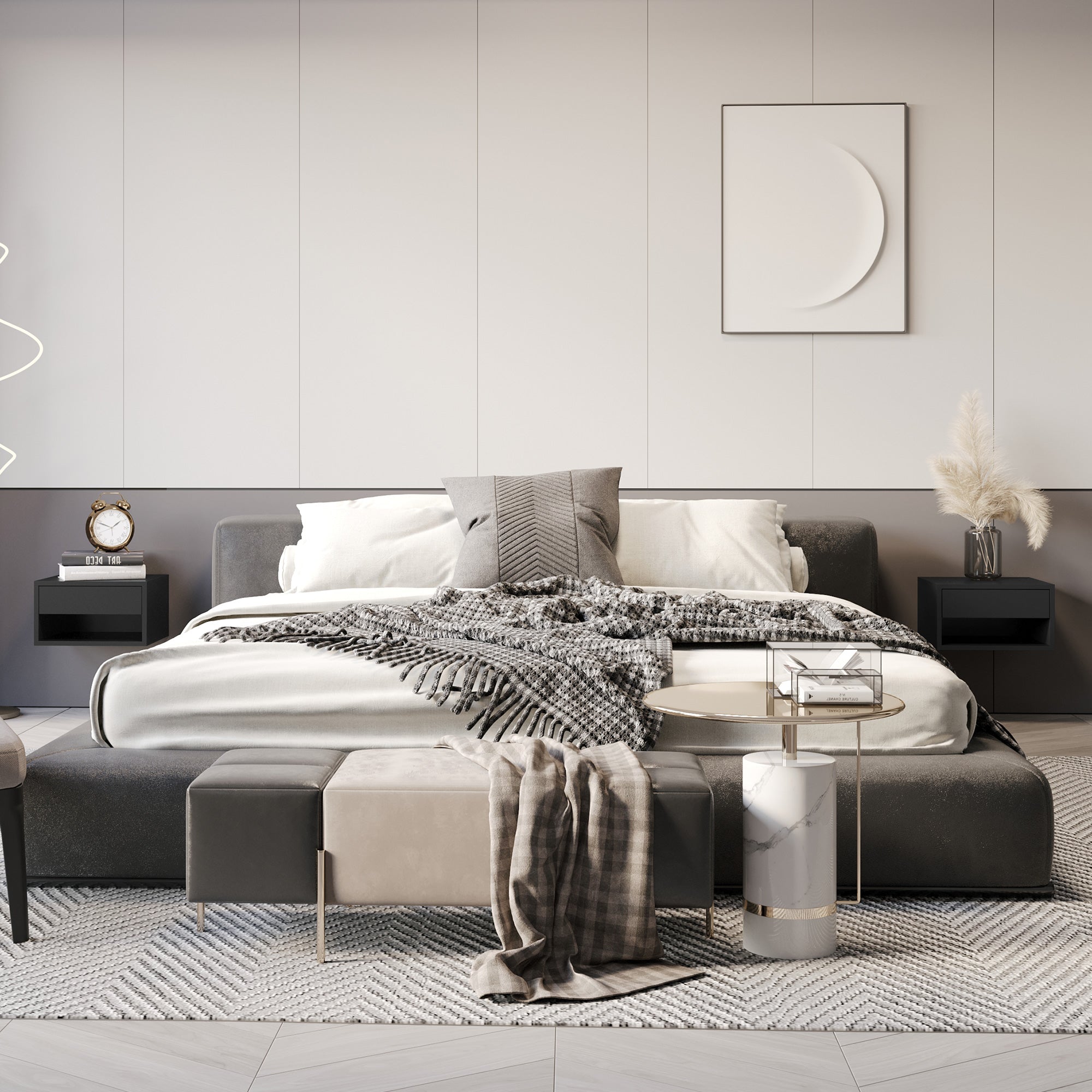 HOMCOM Floating Bedside Table Set of 2 Wall Mounted Nightstand with Storage Drawer and Open Shelf for Bedroom, High Gloss Black