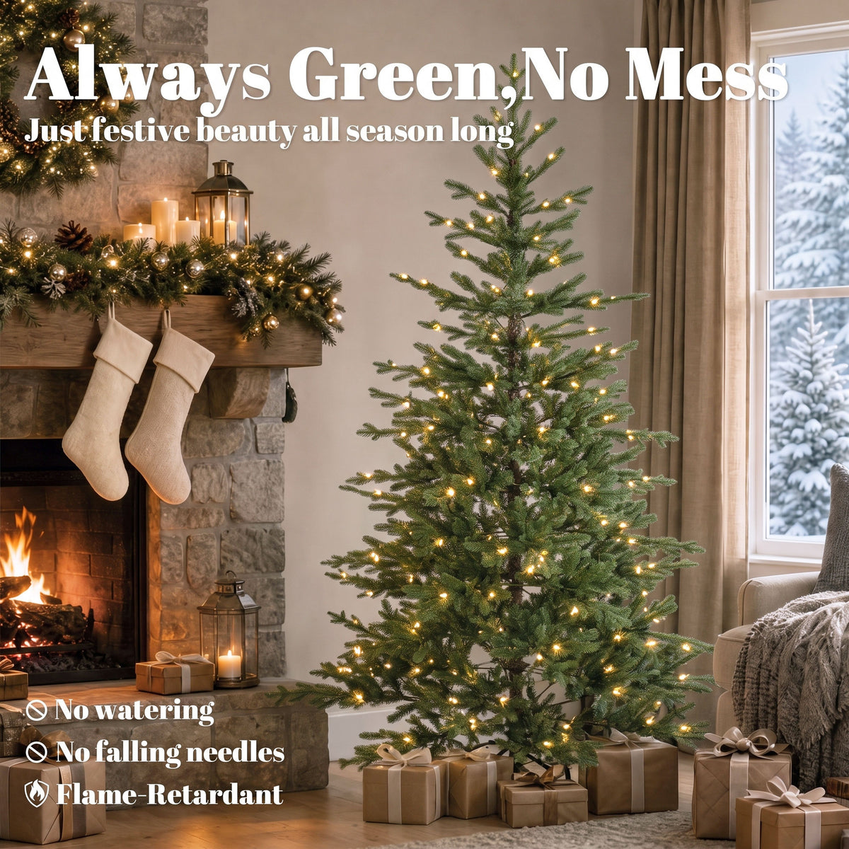 6ft Prelit Sparse Christmas Tree, Artificial Downswept Hinged Xmas Tree with 200 Warm White LED Lights, 8 Modes, 1577 Tips, Metal Stand, Green