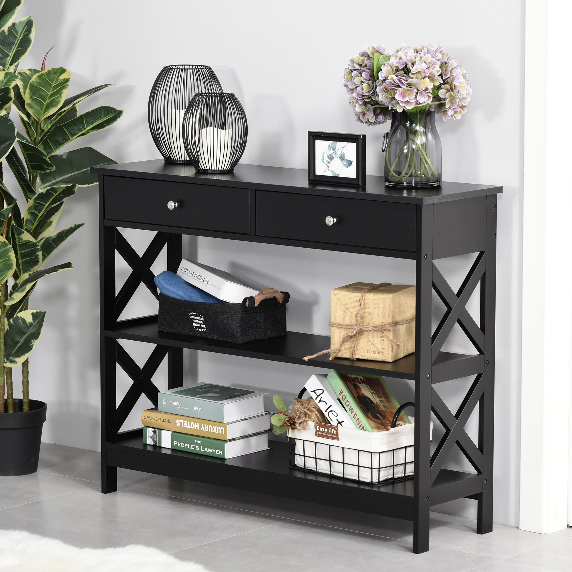 HOMCOM Console Table Sofa Side Desk with Storage Shelves Drawers X Frame for Living Room Entryway Black
