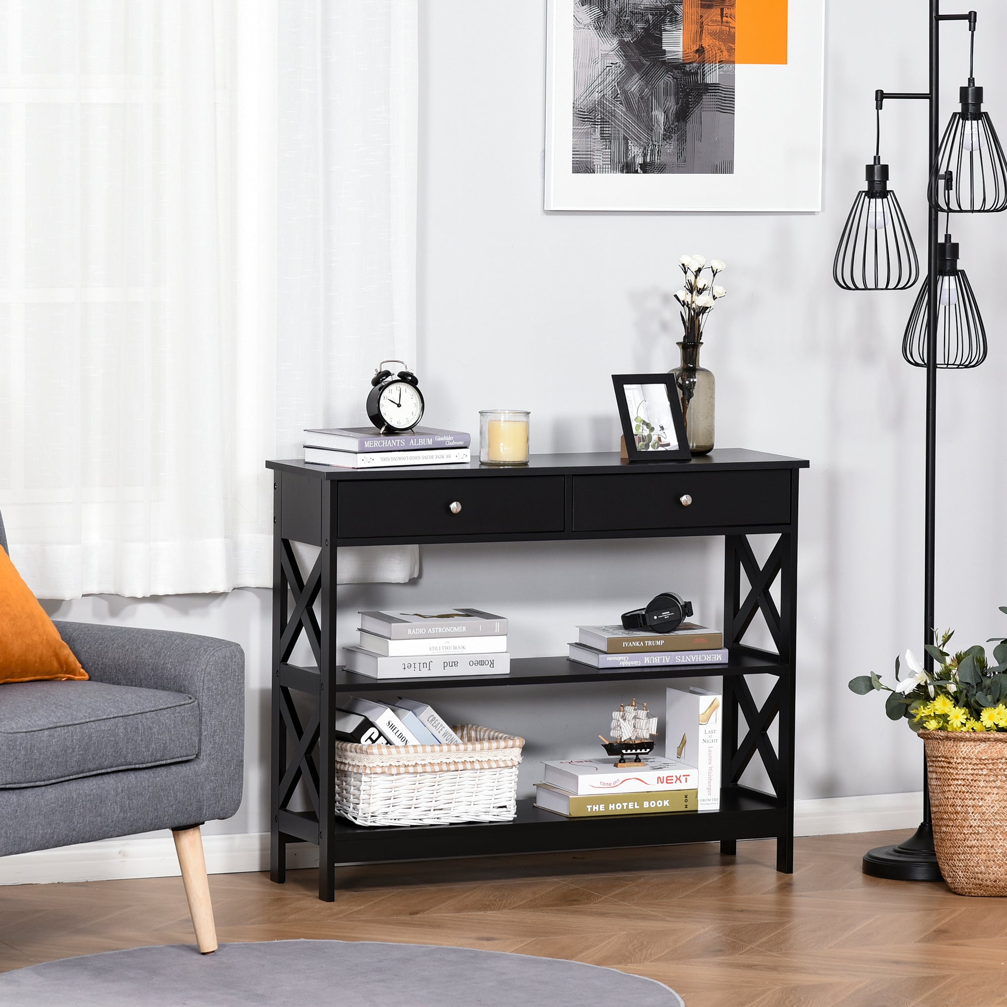 HOMCOM Console Table Sofa Side Desk with Storage Shelves Drawers X Frame for Living Room Entryway Black