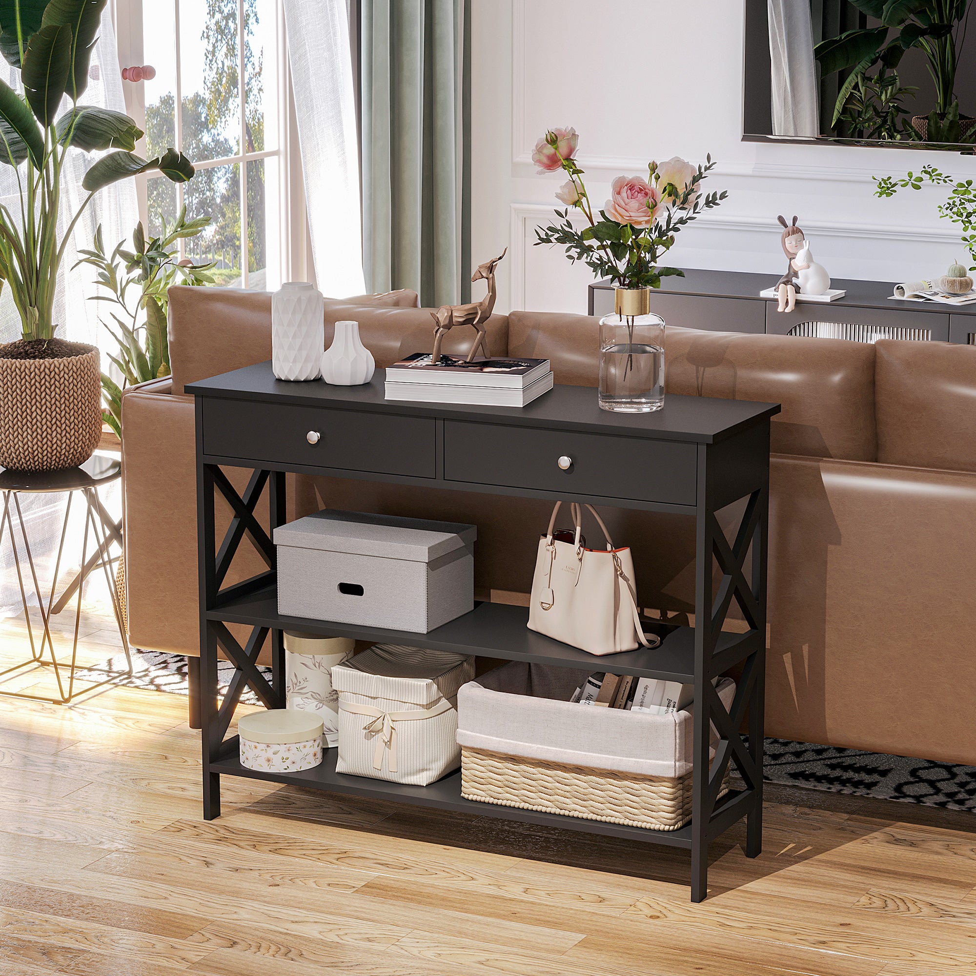 HOMCOM Console Table Sofa Side Desk with Storage Shelves Drawers X Frame for Living Room Entryway Black