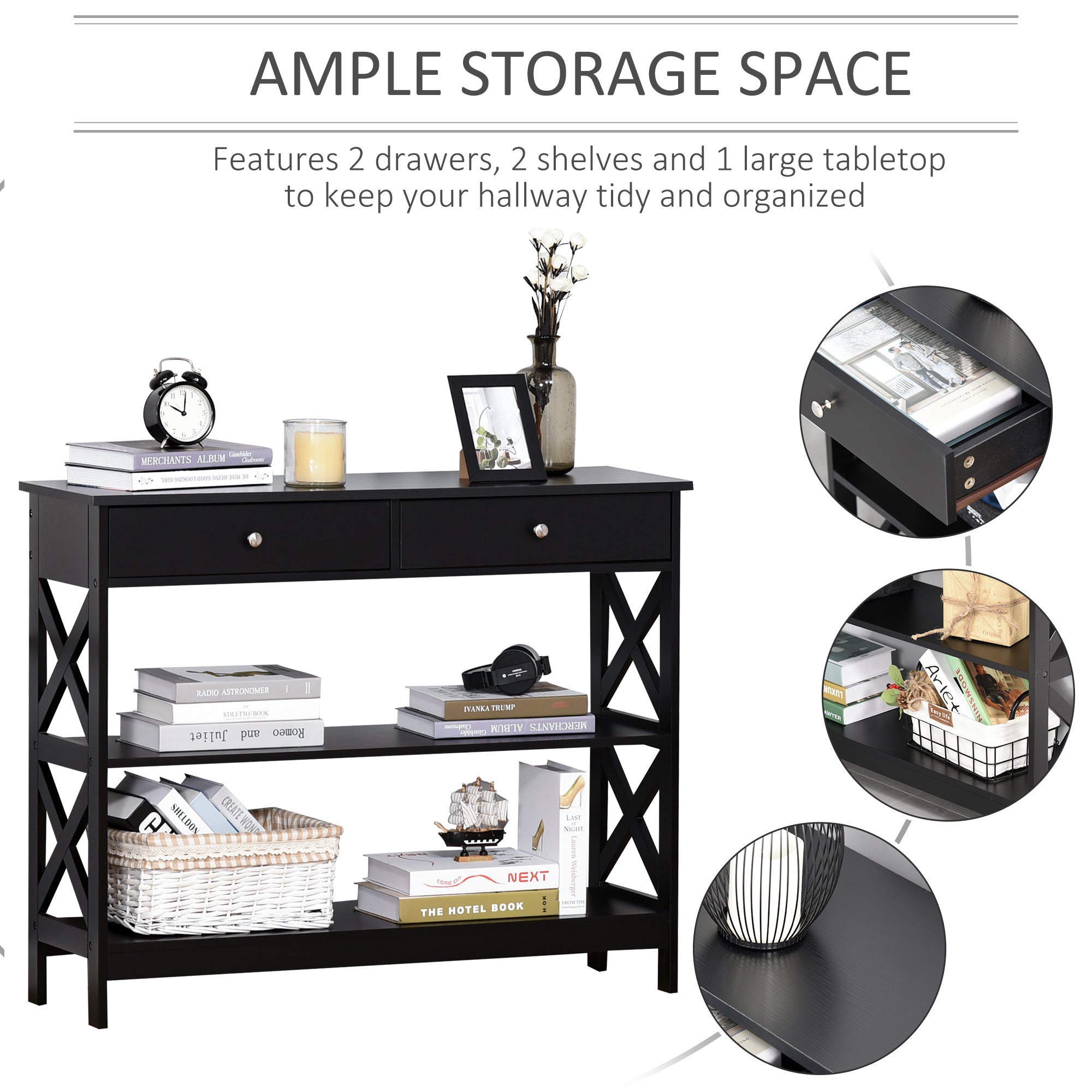 HOMCOM Console Table Sofa Side Desk with Storage Shelves Drawers X Frame for Living Room Entryway Black