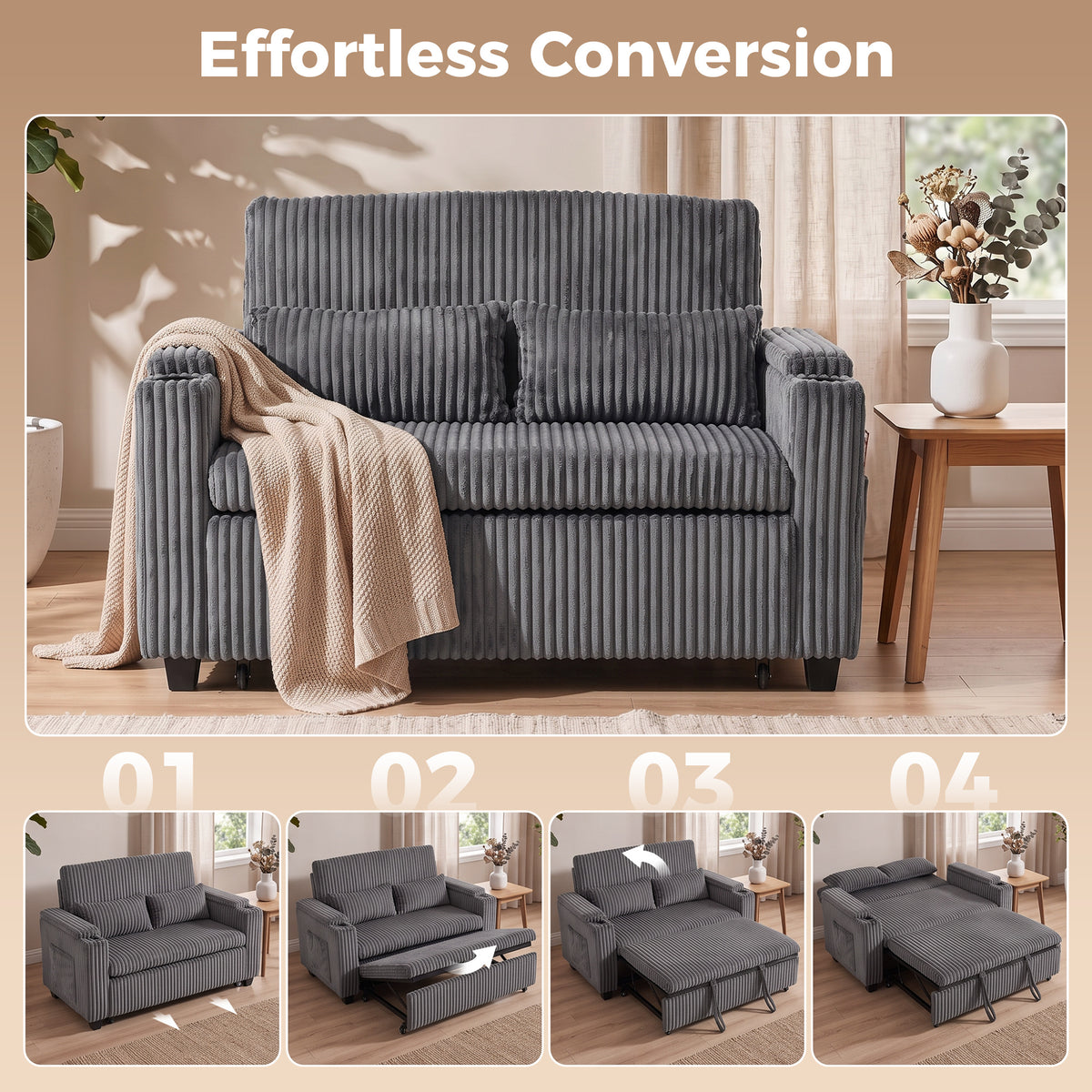 2 Seater Sofa Bed, 3-in-1 Convertible Pull Out Sleeper Sofa, Corduroy Loveseat Bed Settee with Adjustable Backrest, Storage Armrests, Cup Holders, Side Pockets for Living Room, Dark Grey