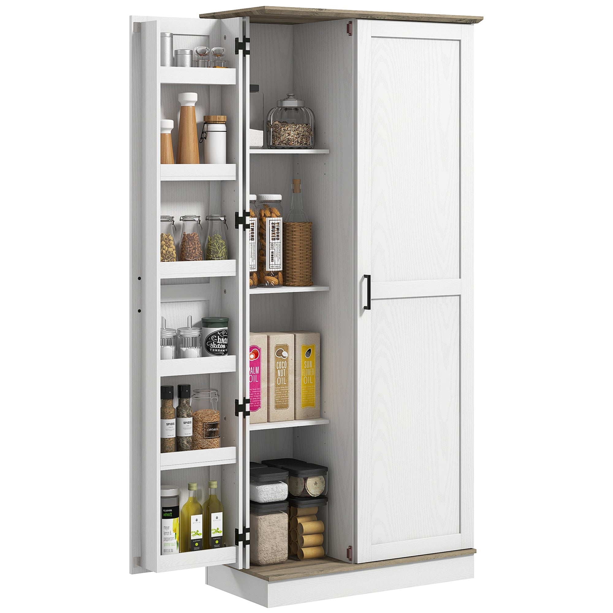 70" Tall Kitchen Pantry Storage Cabinet with Spice Racks & Adjustable Shelves, white
