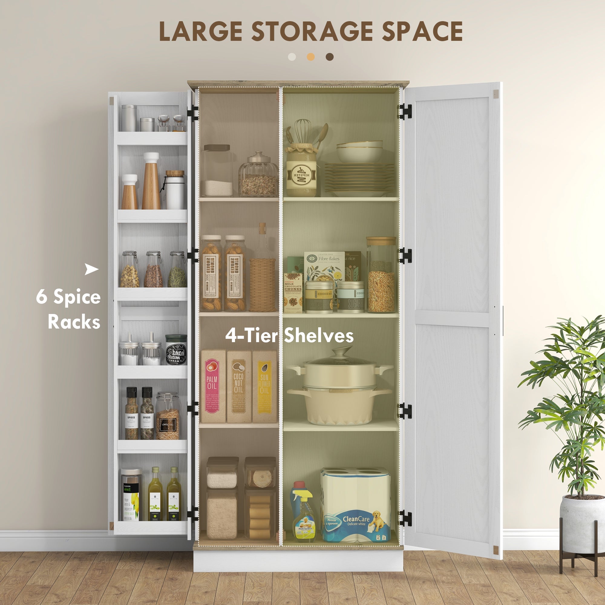 70" Tall Kitchen Pantry Storage Cabinet with Spice Racks & Adjustable Shelves, white