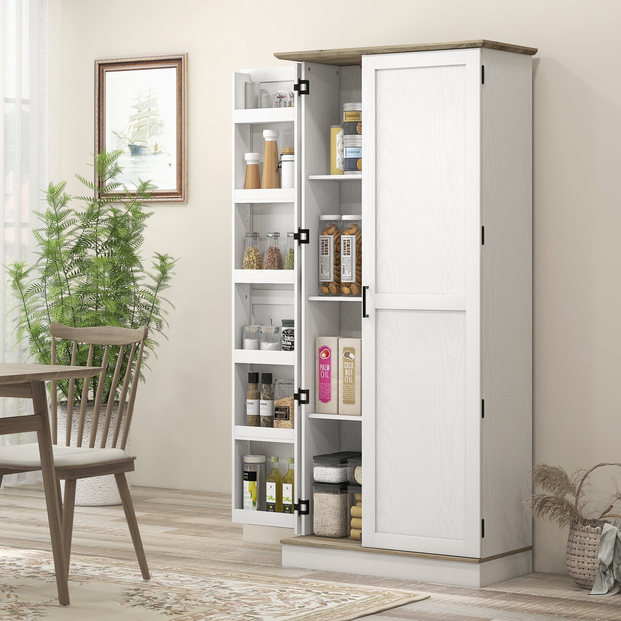 70" Tall Kitchen Pantry Storage Cabinet with Spice Racks & Adjustable Shelves, white