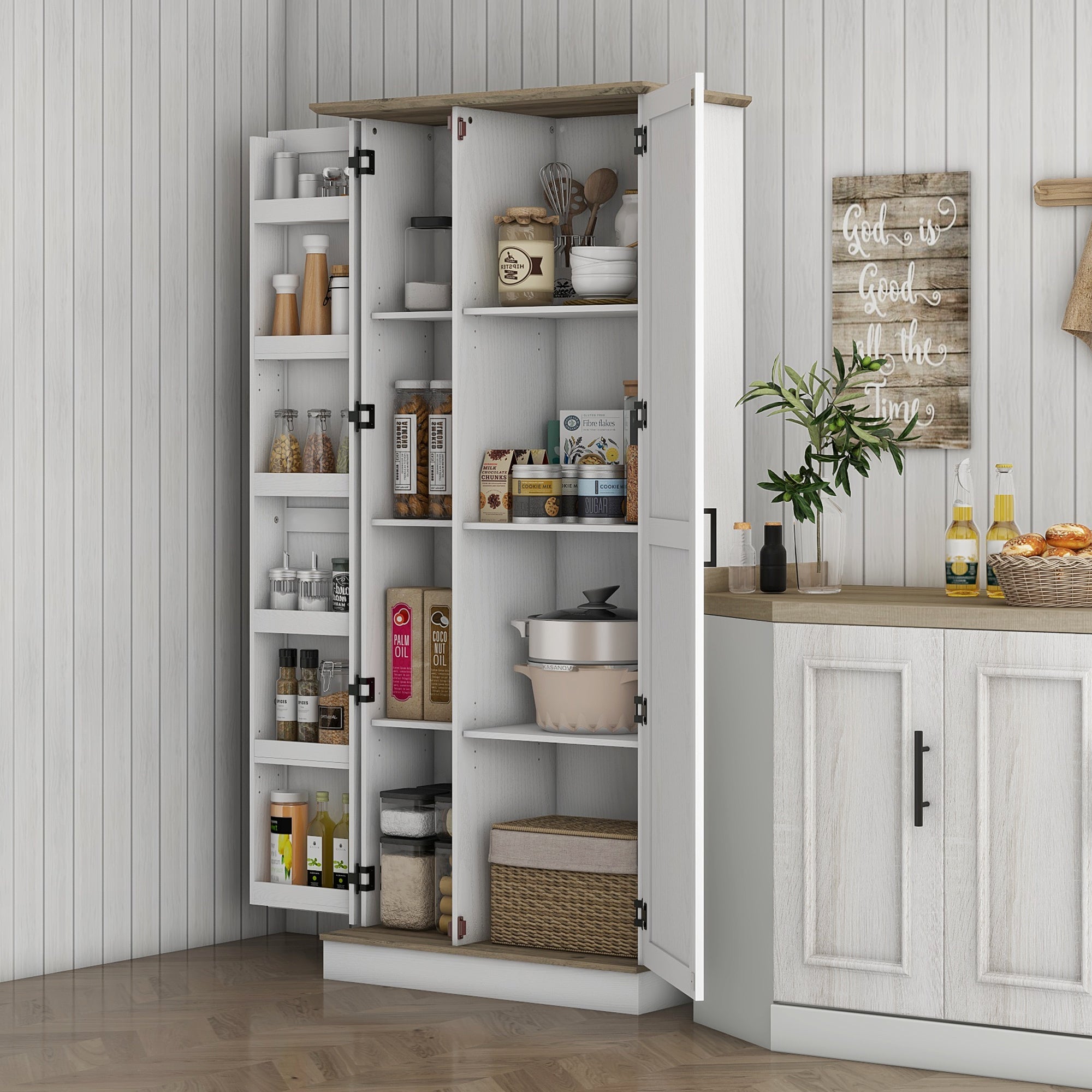 70" Tall Kitchen Pantry Storage Cabinet with Spice Racks & Adjustable Shelves, white