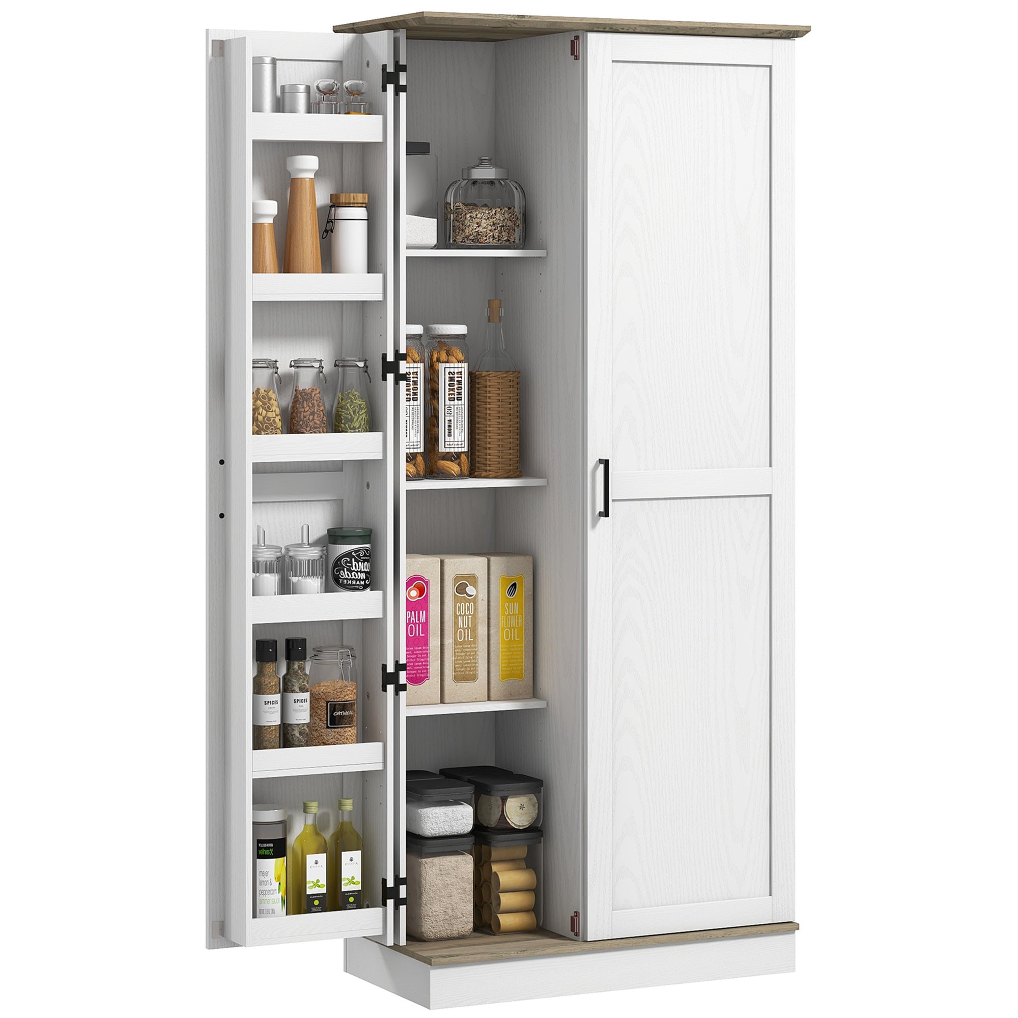 70" Tall Kitchen Pantry Storage Cabinet with Spice Racks & Adjustable Shelves, white