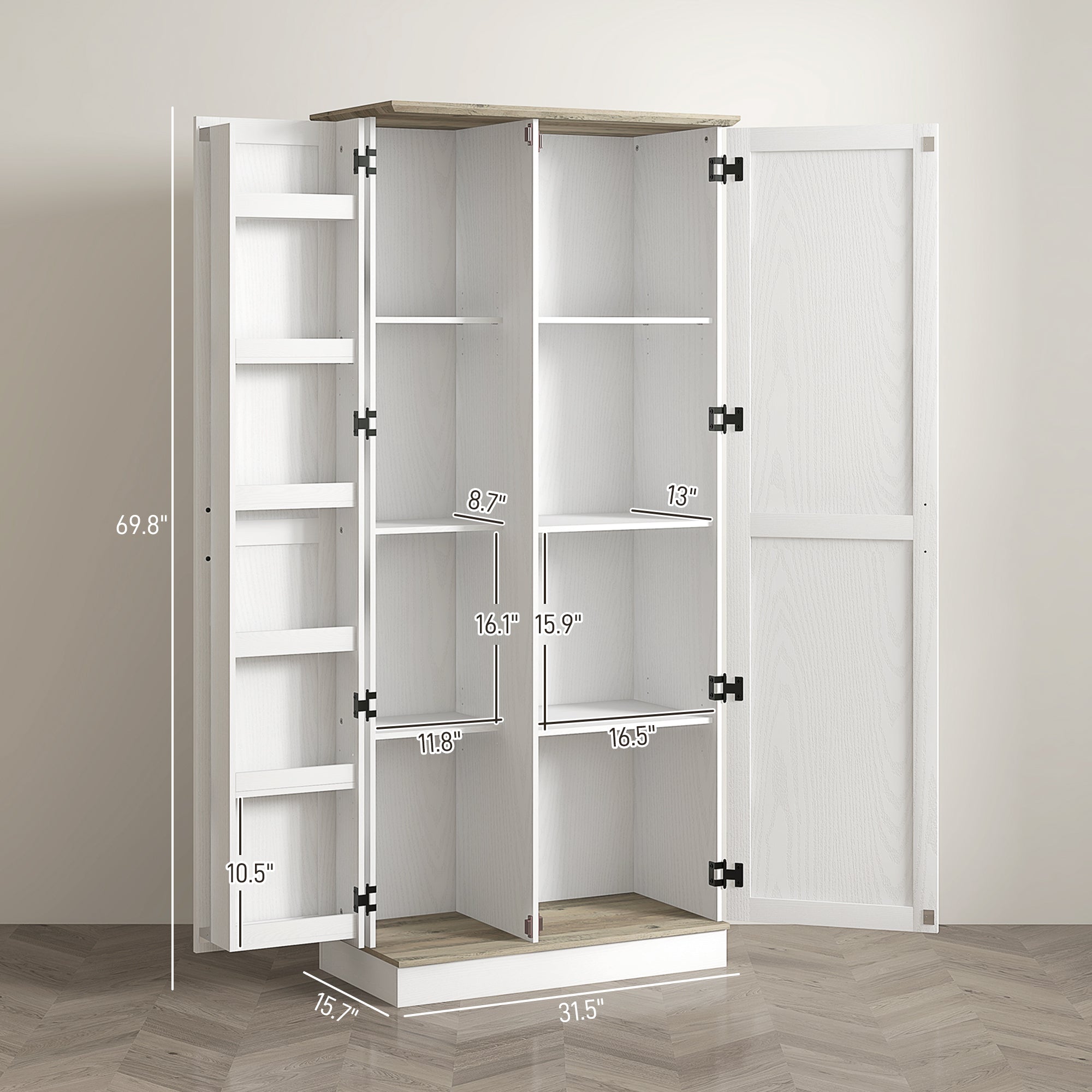70" Tall Kitchen Pantry Storage Cabinet with Spice Racks & Adjustable Shelves, white
