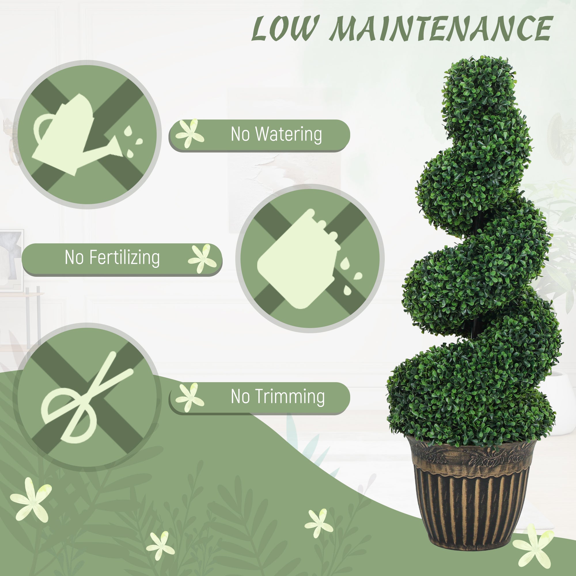 Set of 2 Decorative Artificial Plants Topiary Spiral Boxwood Trees in Pot, Fake Plants for Home Indoor Outdoor Decor, 90cm, Light Green