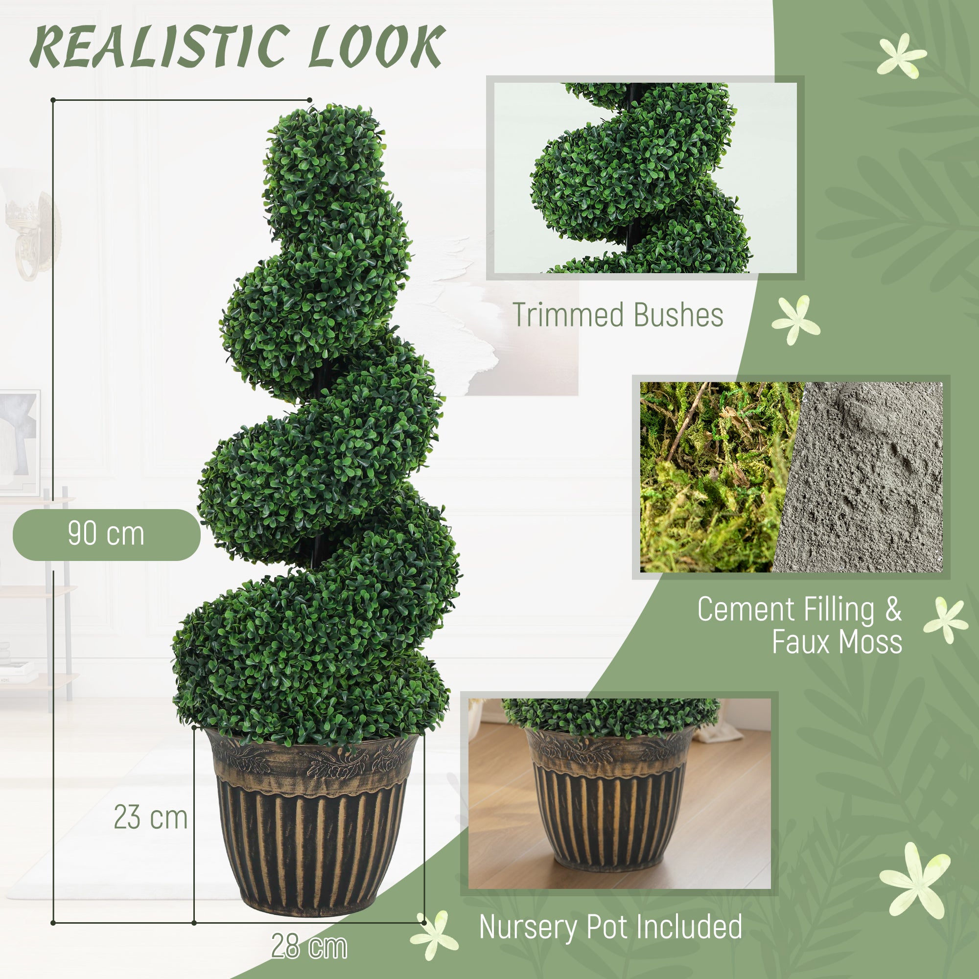 Set of 2 Decorative Artificial Plants Topiary Spiral Boxwood Trees in Pot, Fake Plants for Home Indoor Outdoor Decor, 90cm, Light Green