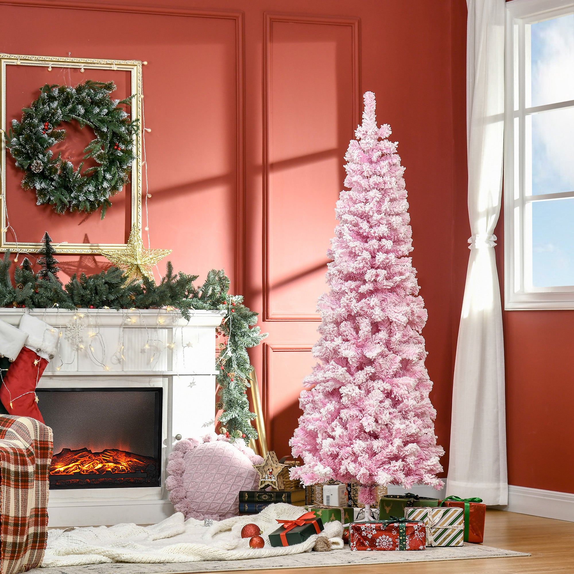 6ft Tall Unlit Snow Flocked Artificial Christmas Tree Slim Pencil Xmas Tree with Realistic Branches Pink