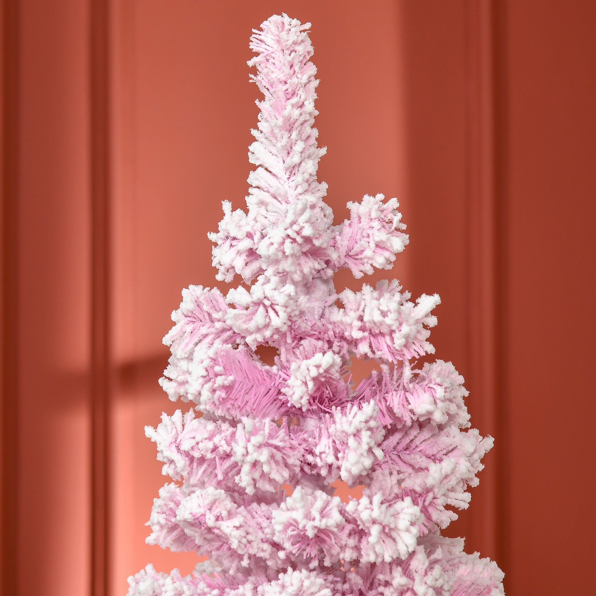 6ft Tall Unlit Snow Flocked Artificial Christmas Tree Slim Pencil Xmas Tree with Realistic Branches Pink