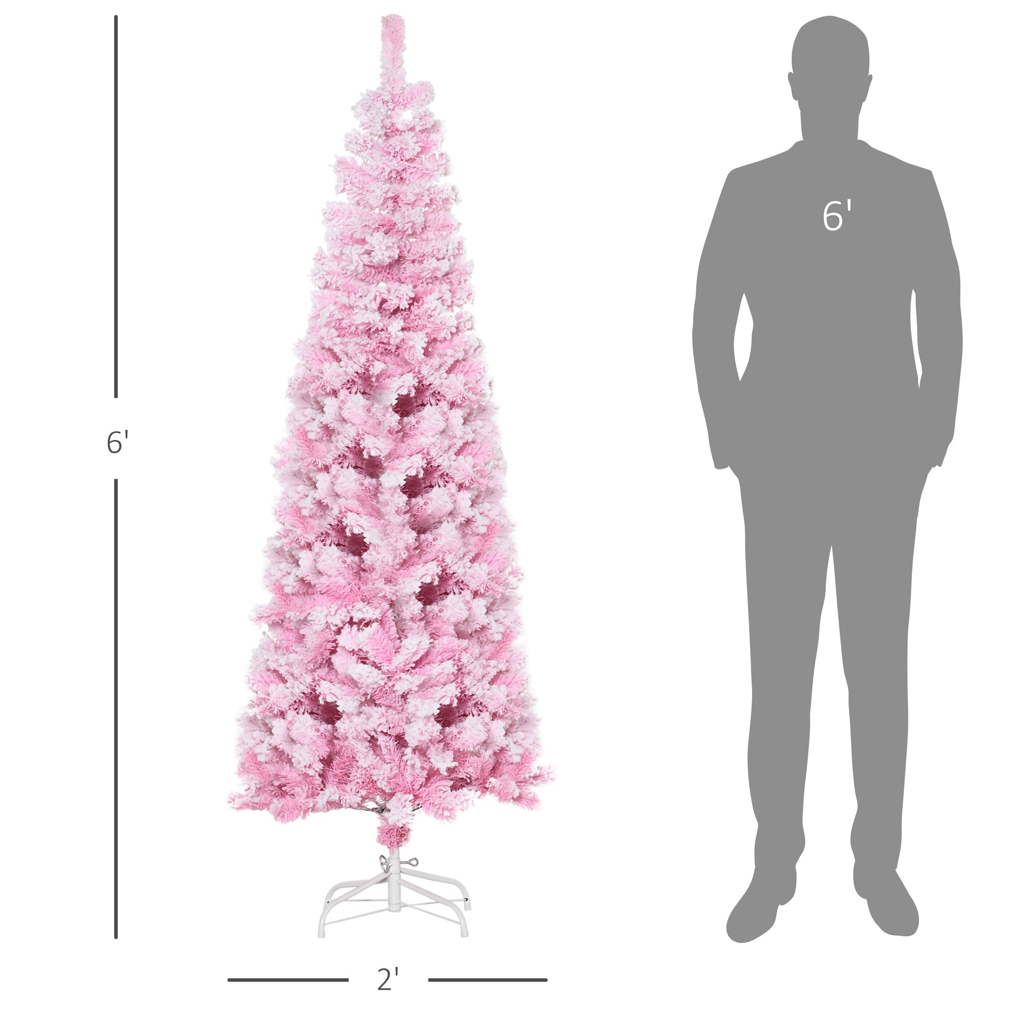 6ft Tall Unlit Snow Flocked Artificial Christmas Tree Slim Pencil Xmas Tree with Realistic Branches Pink