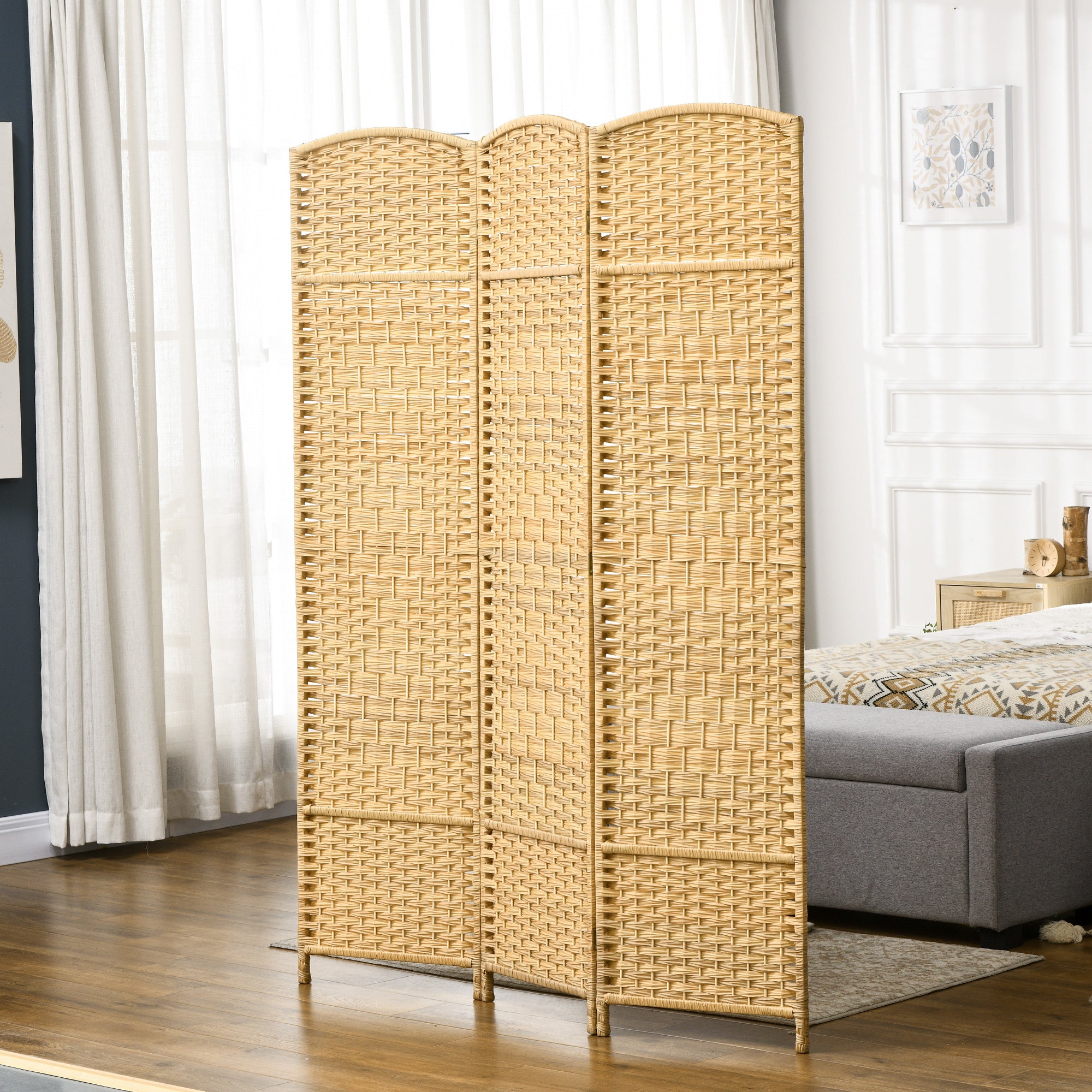 3 Panel 6' Tall Privacy Screen Freestanding Wood Partition, Nature Wood