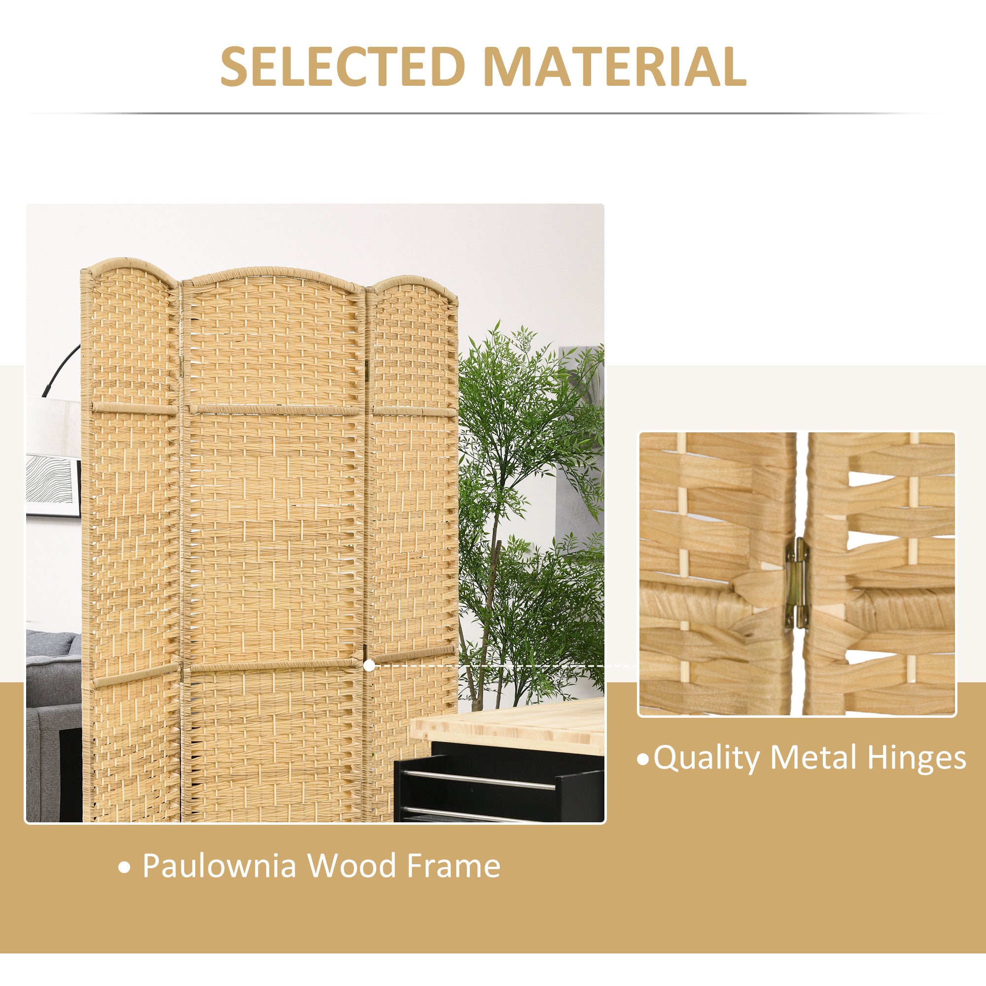 3 Panel 6' Tall Privacy Screen Freestanding Wood Partition, Nature Wood
