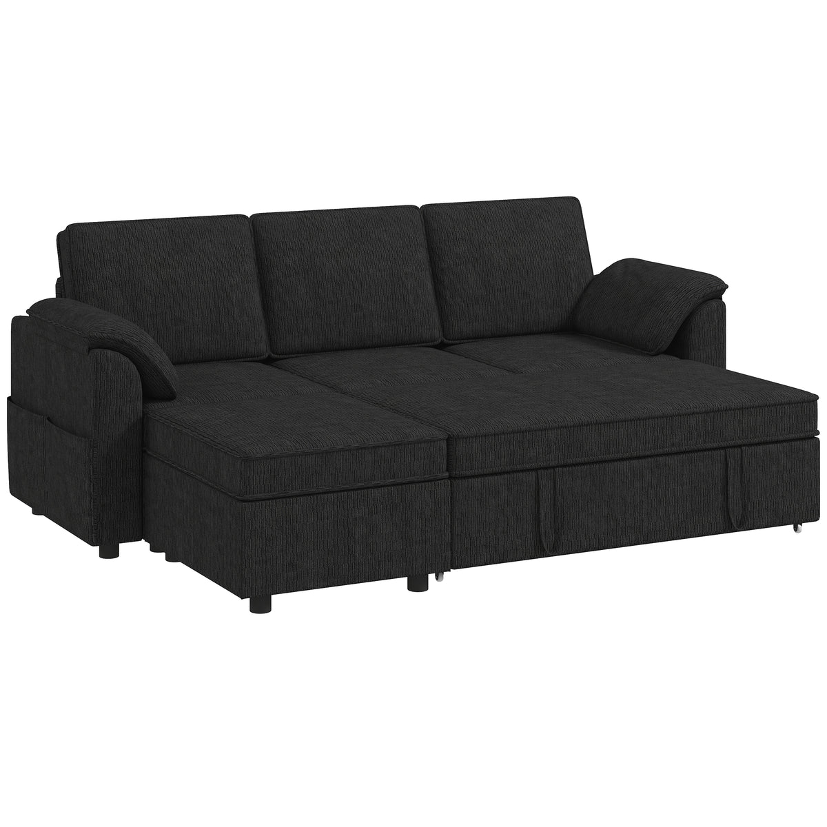 Sectional Sofa Bed, L-Shaped Sleeper Sofa with Reversible Pull Out Couch Bed, Storage Ottoman, Side Pockets, Cushions, Chenille Fabric, Black