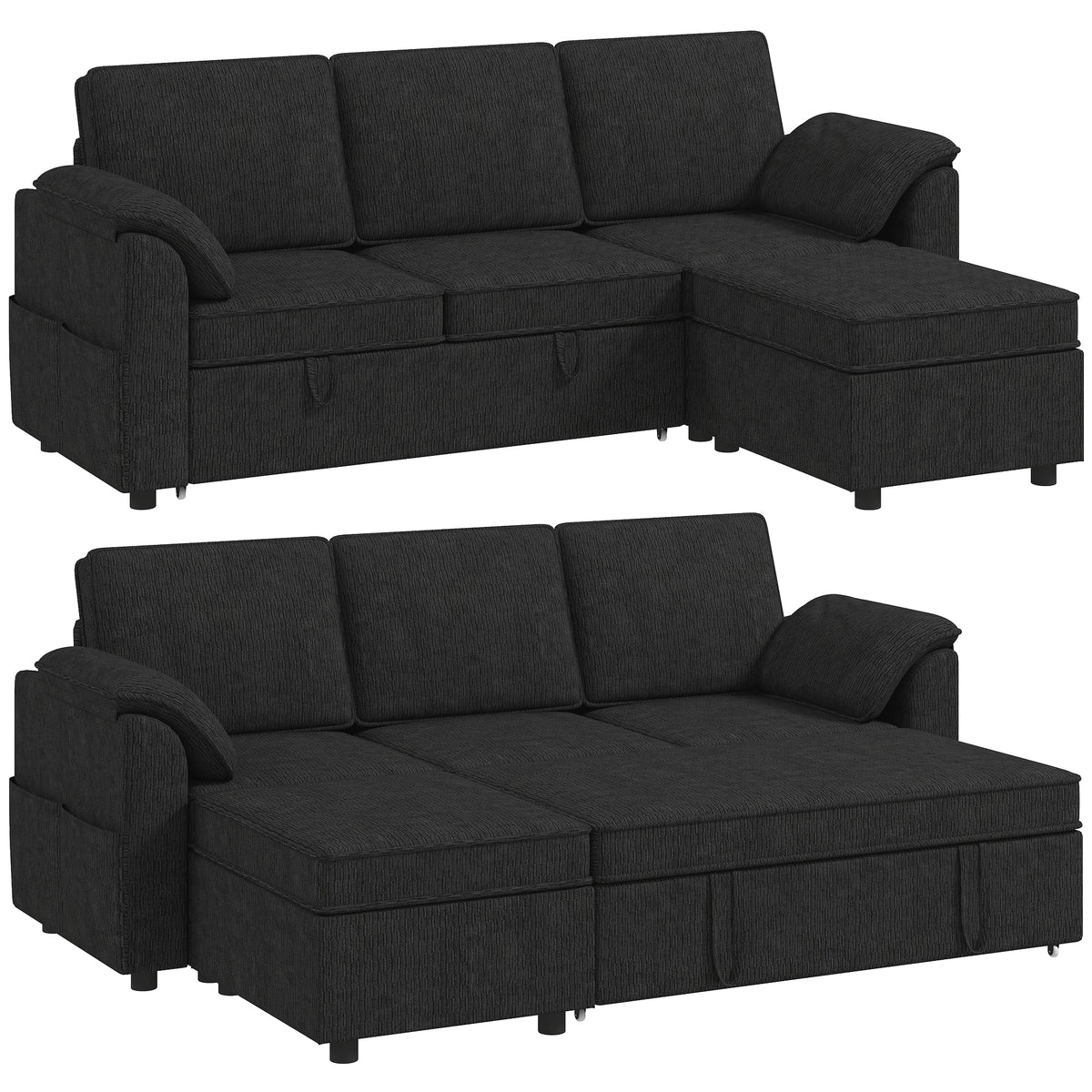 Sectional Sofa Bed, L-Shaped Sleeper Sofa with Reversible Pull Out Couch Bed, Storage Ottoman, Side Pockets, Cushions, Chenille Fabric, Black