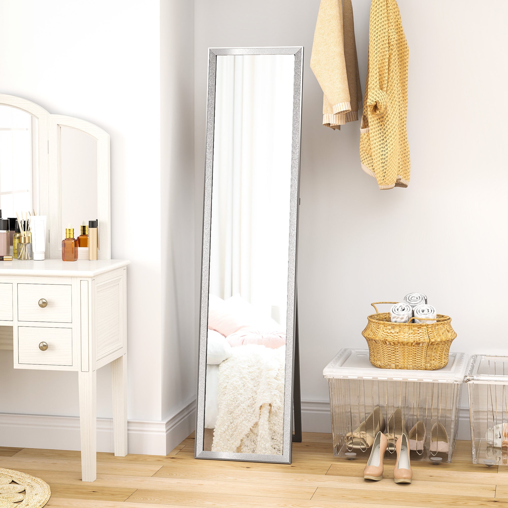 HOMCOM Full Length Mirror, 37 x 157cm Wall Mounted, Leaning, Free Standing Mirror, Framed Full Body Mirror for Living Room, Bedroom, Silver