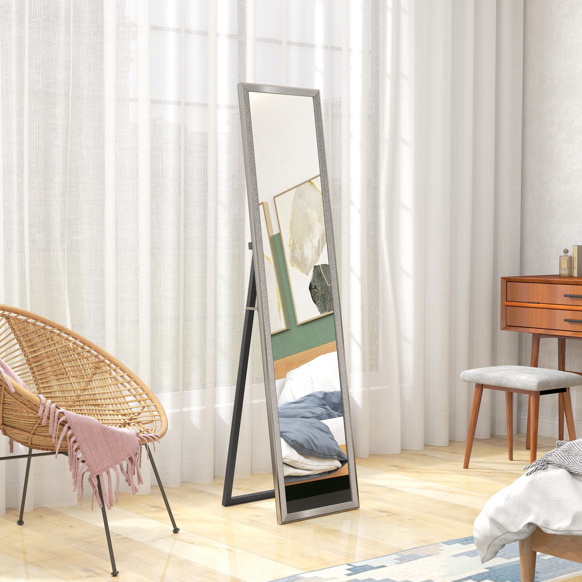 HOMCOM Full Length Mirror, 37 x 157cm Wall Mounted, Leaning, Free Standing Mirror, Framed Full Body Mirror for Living Room, Bedroom, Silver